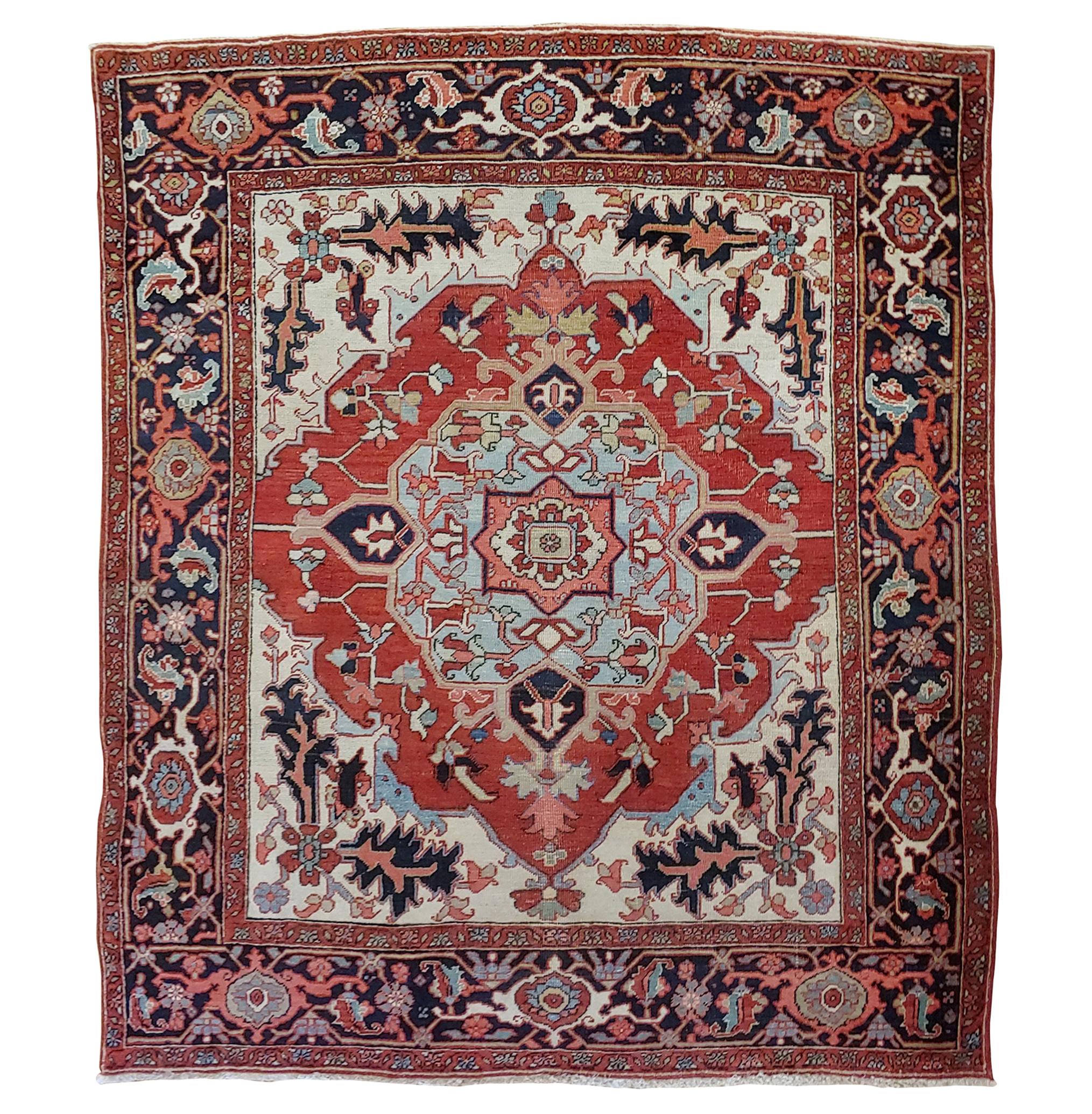 Antique Persian Serapi, Geometric Design, Red and Navy, Scatter Size, Wool, 1900 For Sale