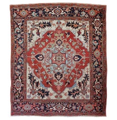 Antique Persian Serapi, Geometric Design, Red and Navy, Scatter Size, Wool, 1900