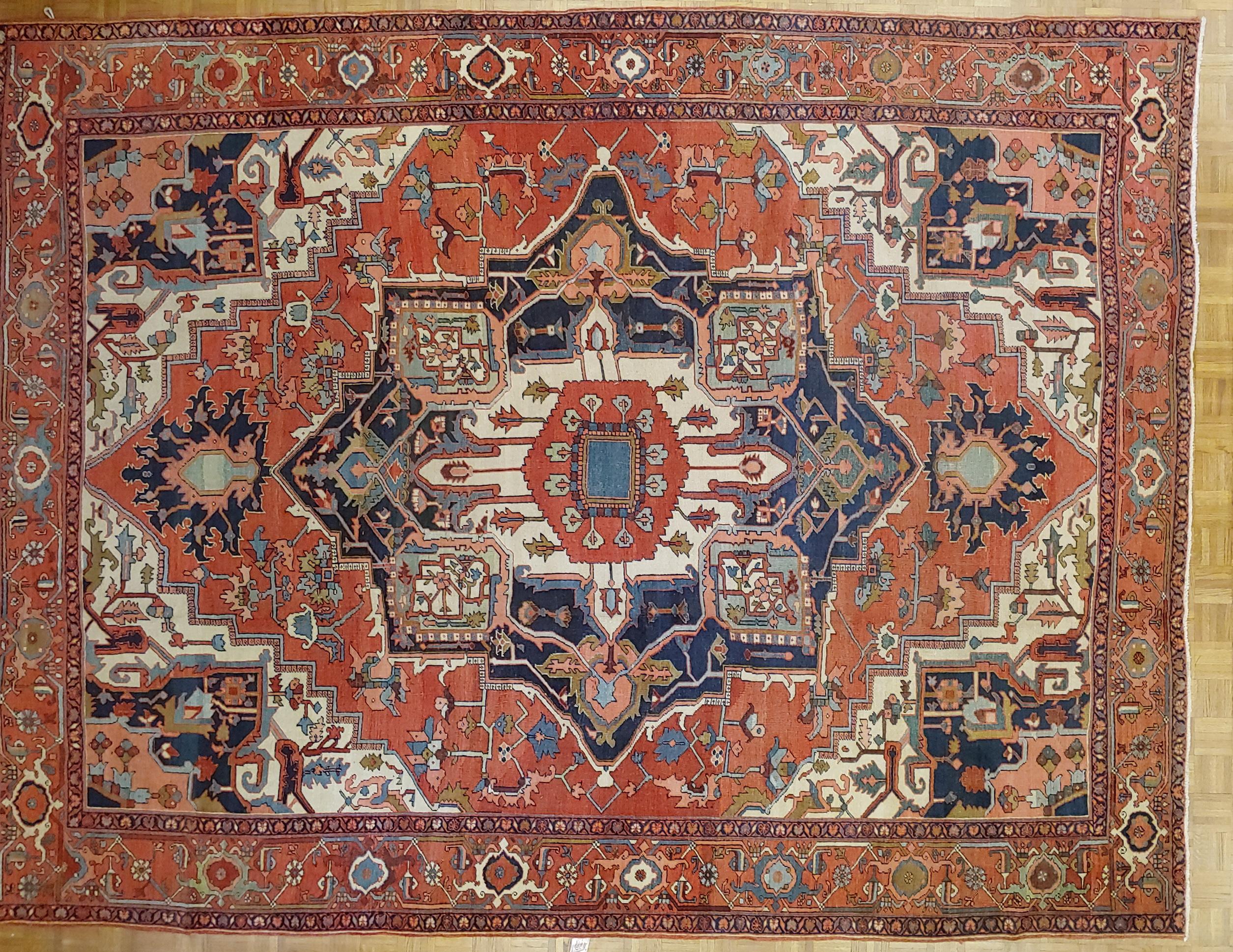 Woven Antique Persian Serapi, Geometric Design, Rust & Navy, Room Size, Wool, 1900 For Sale