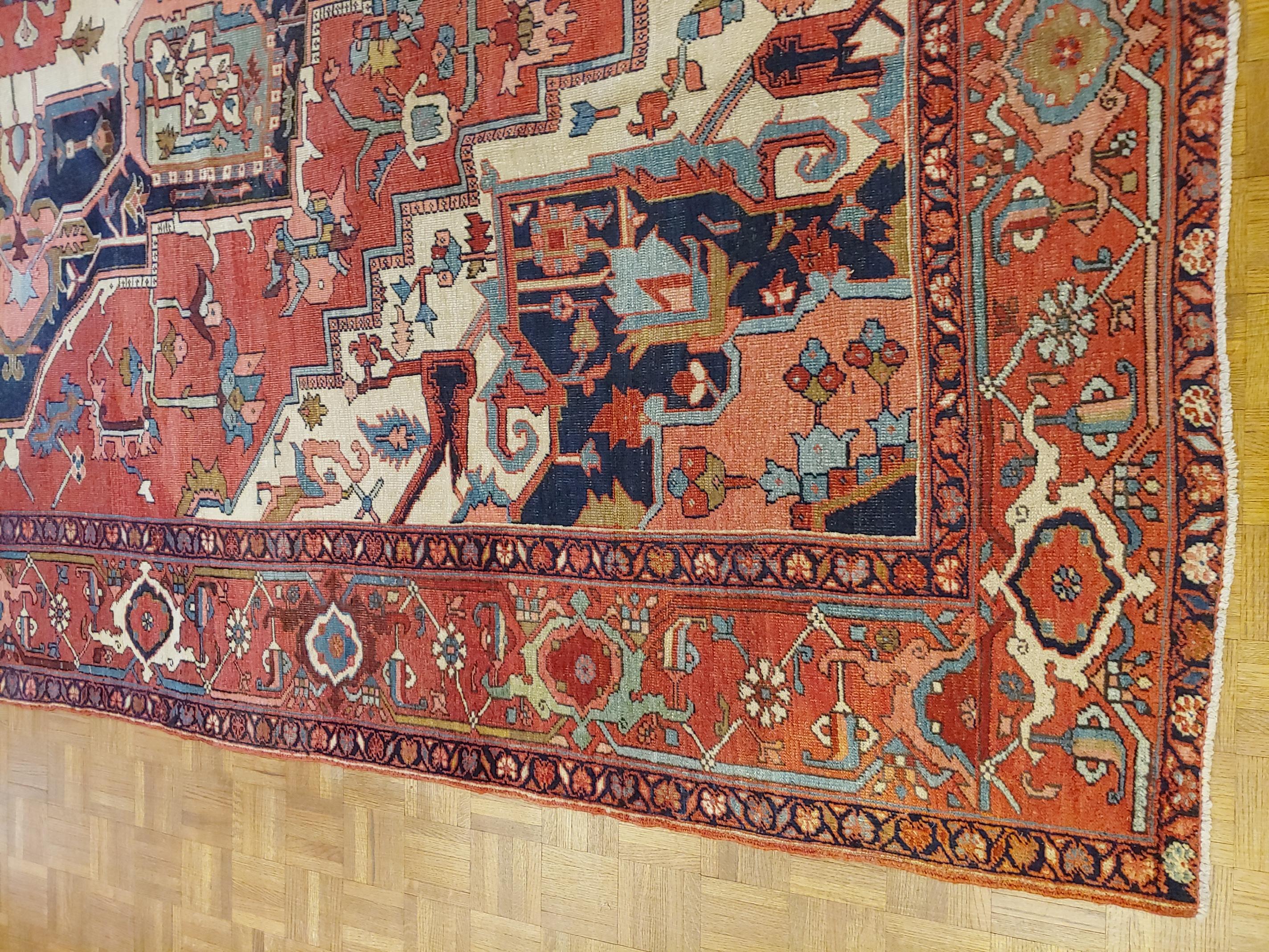 Late 19th Century Antique Persian Serapi, Geometric Design, Rust & Navy, Room Size, Wool, 1900 For Sale