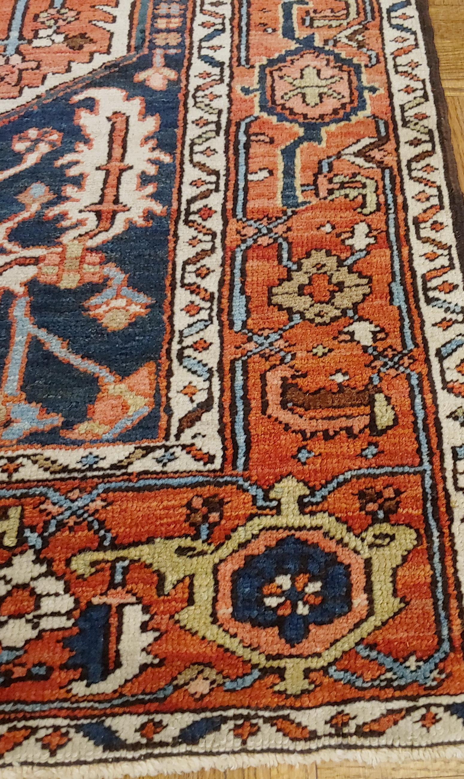 Woven Antique Persian Serapi, Geometric Design, Rust & Navy, Scatter Size, Wool, 1900