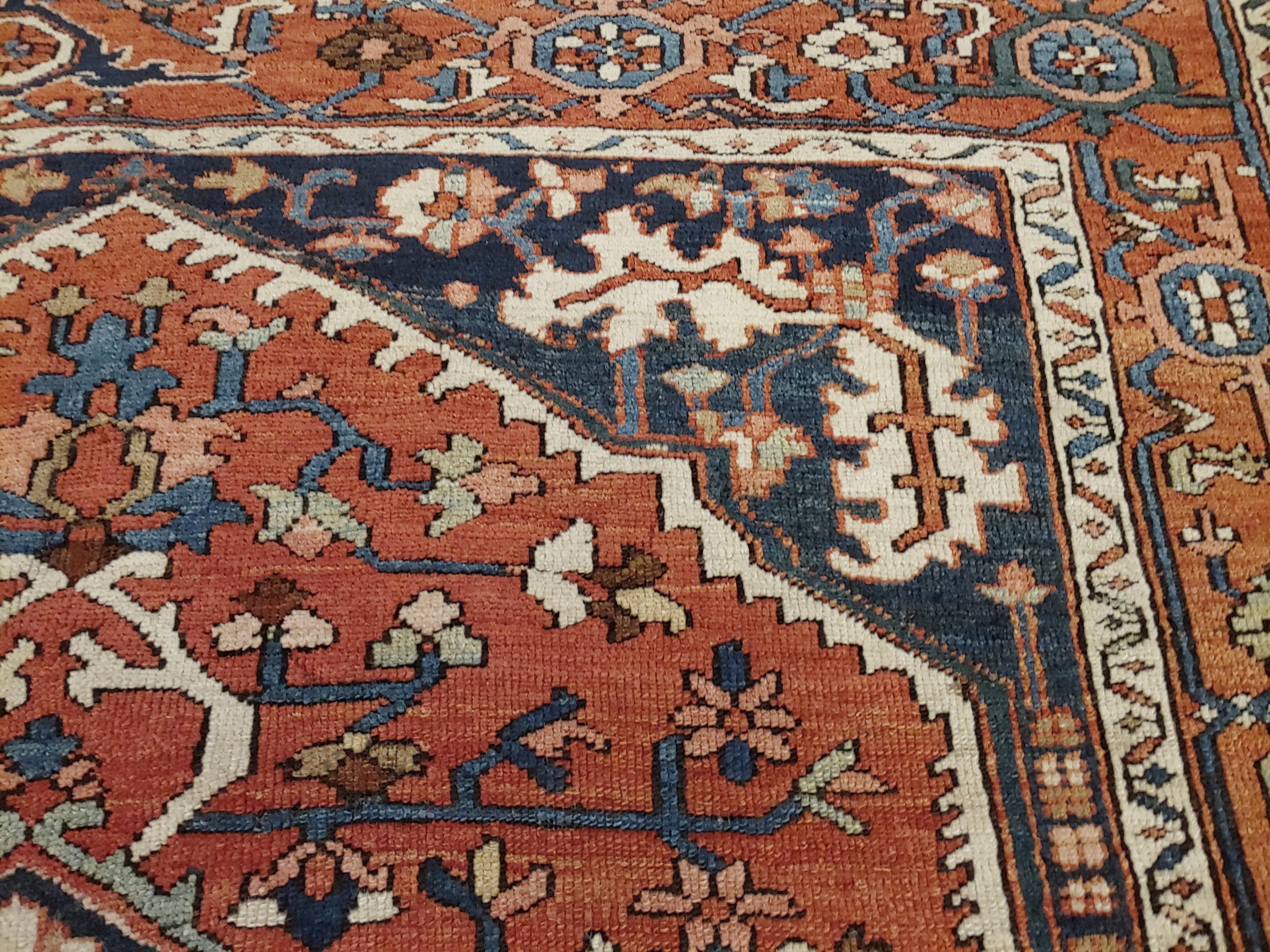 Late 19th Century Antique Persian Serapi, Geometric Design, Rust & Navy, Scatter Size, Wool, 1900