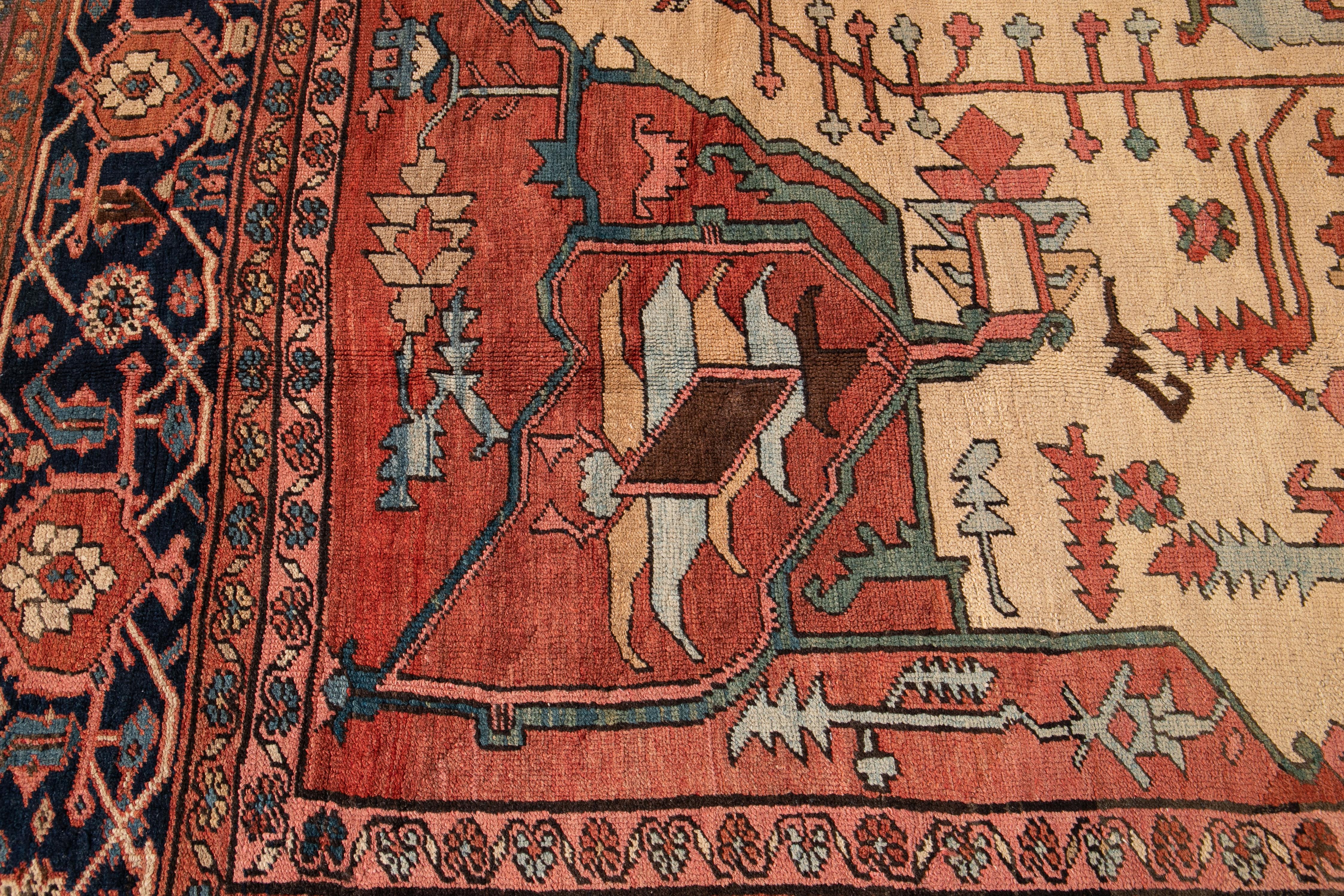 Antique Persian Serapi Handmade Colorful Wool Rug For Sale 5