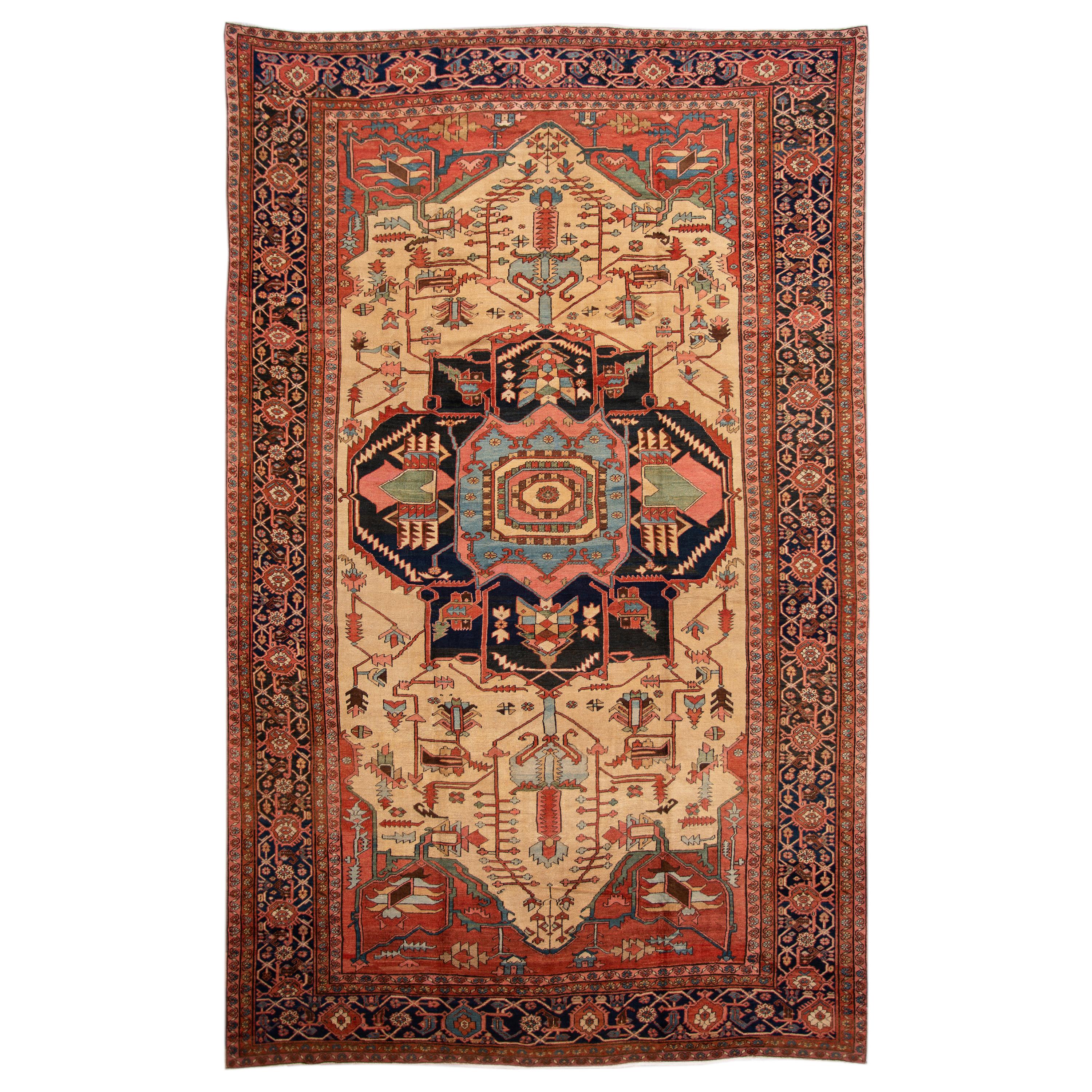 Antique Persian Serapi Handmade Colorful Wool Rug For Sale