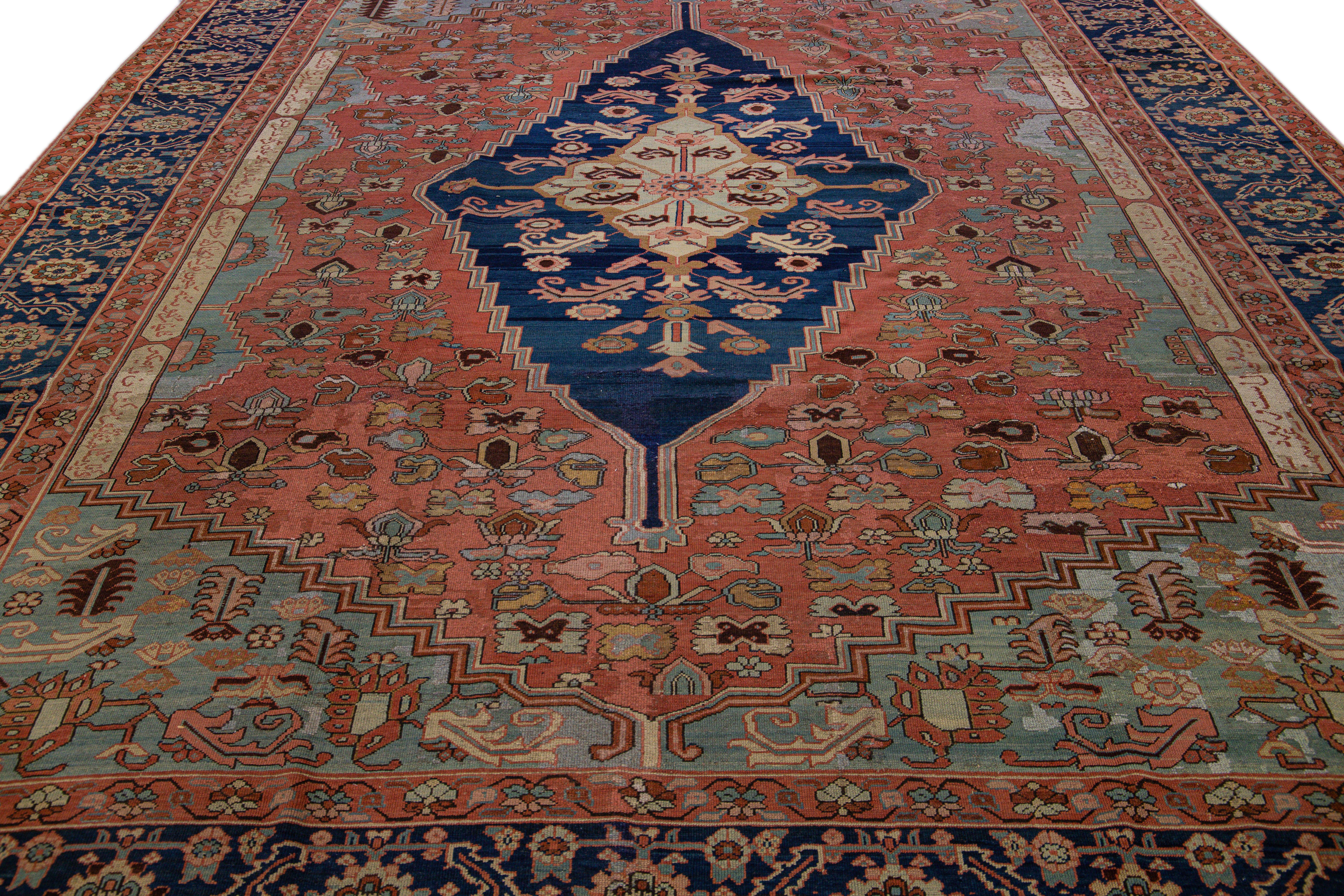 Hand-Knotted Antique Persian Serapi Handmade Medallion Wool Rug For Sale