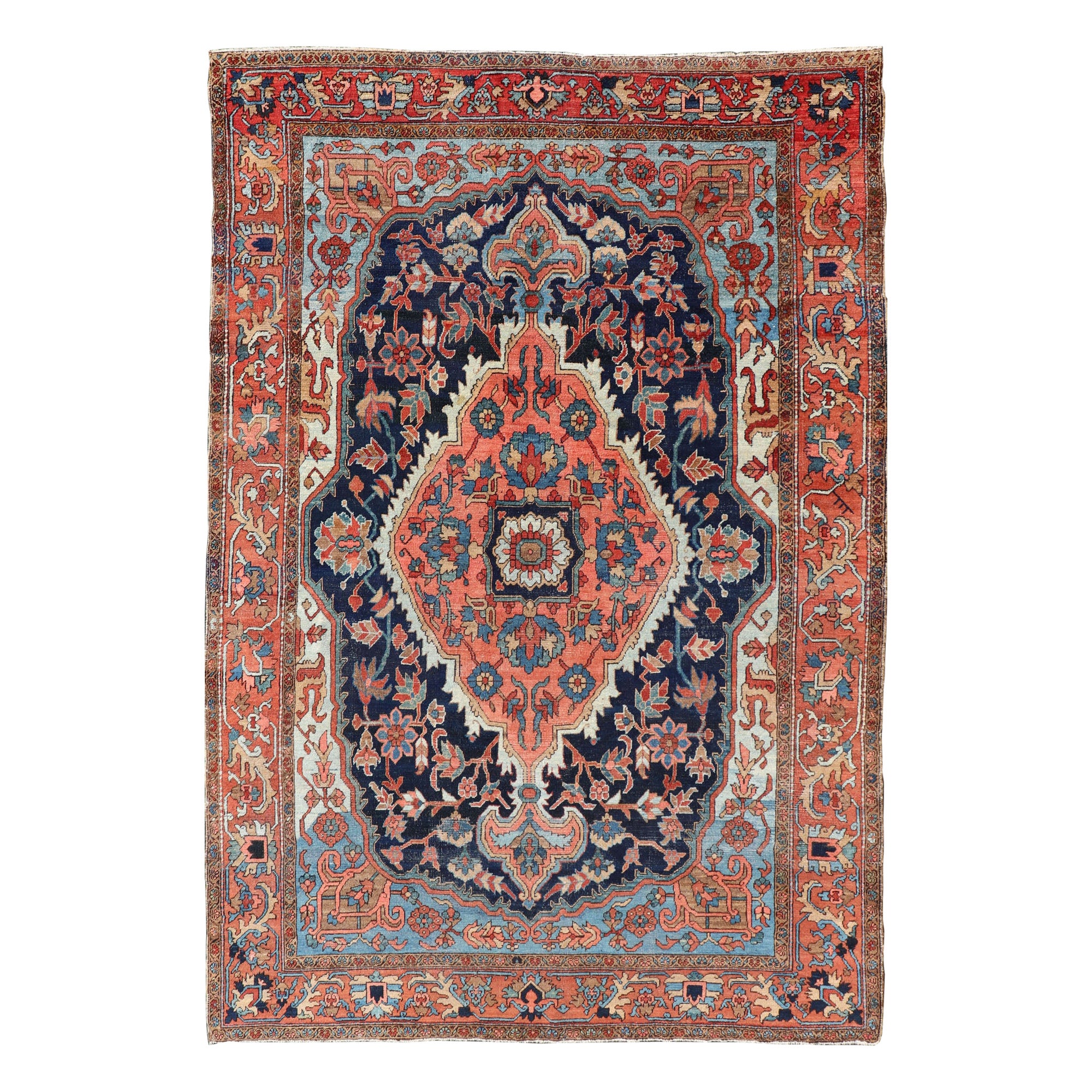 Tapis persan ancien Serapi-Heriz à motifs géométriques en bleu nuit