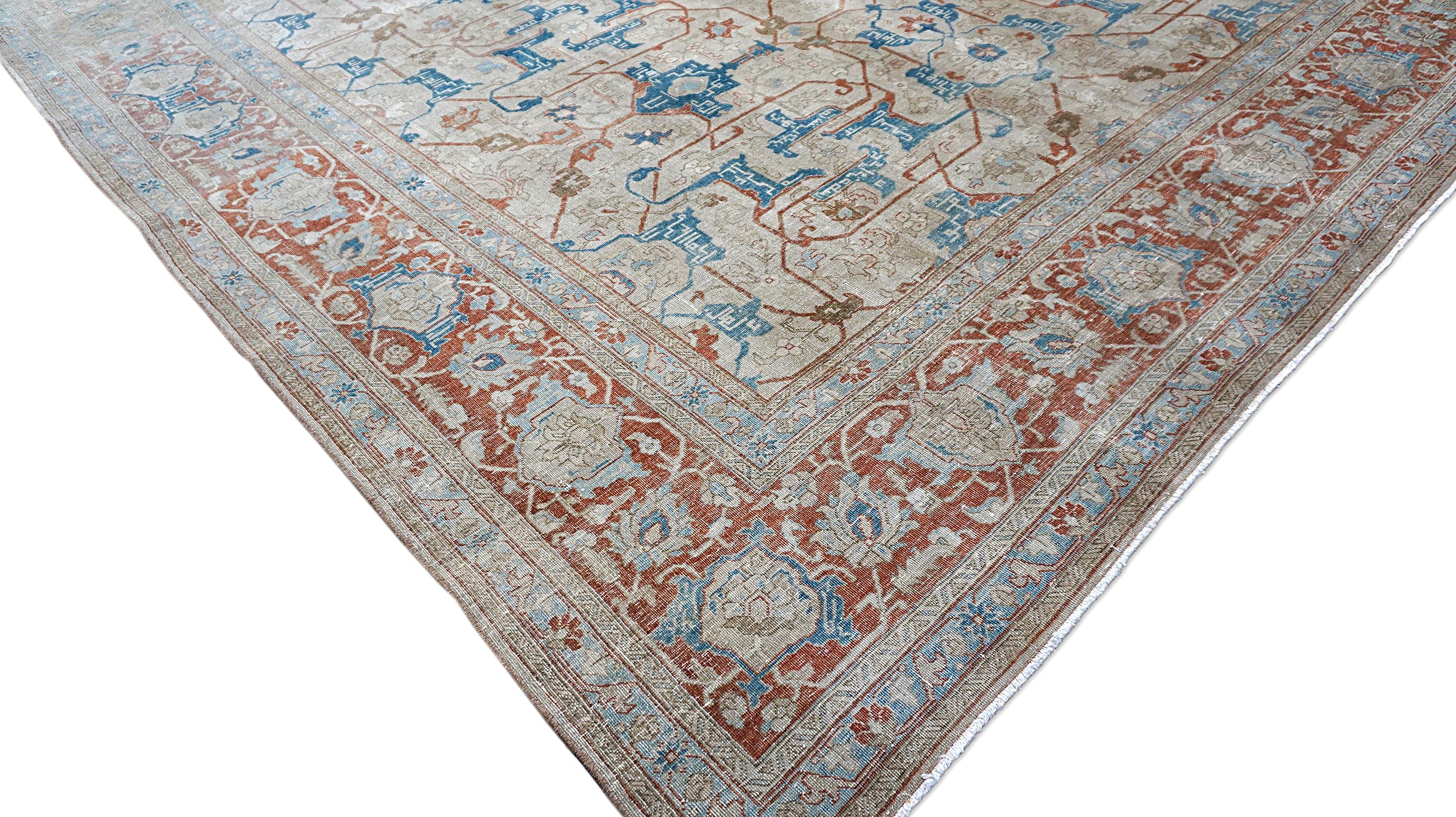 Antiker persischer Serapi Heriz Wollteppich 9'7''x12'3'' (Handgeknüpft) im Angebot