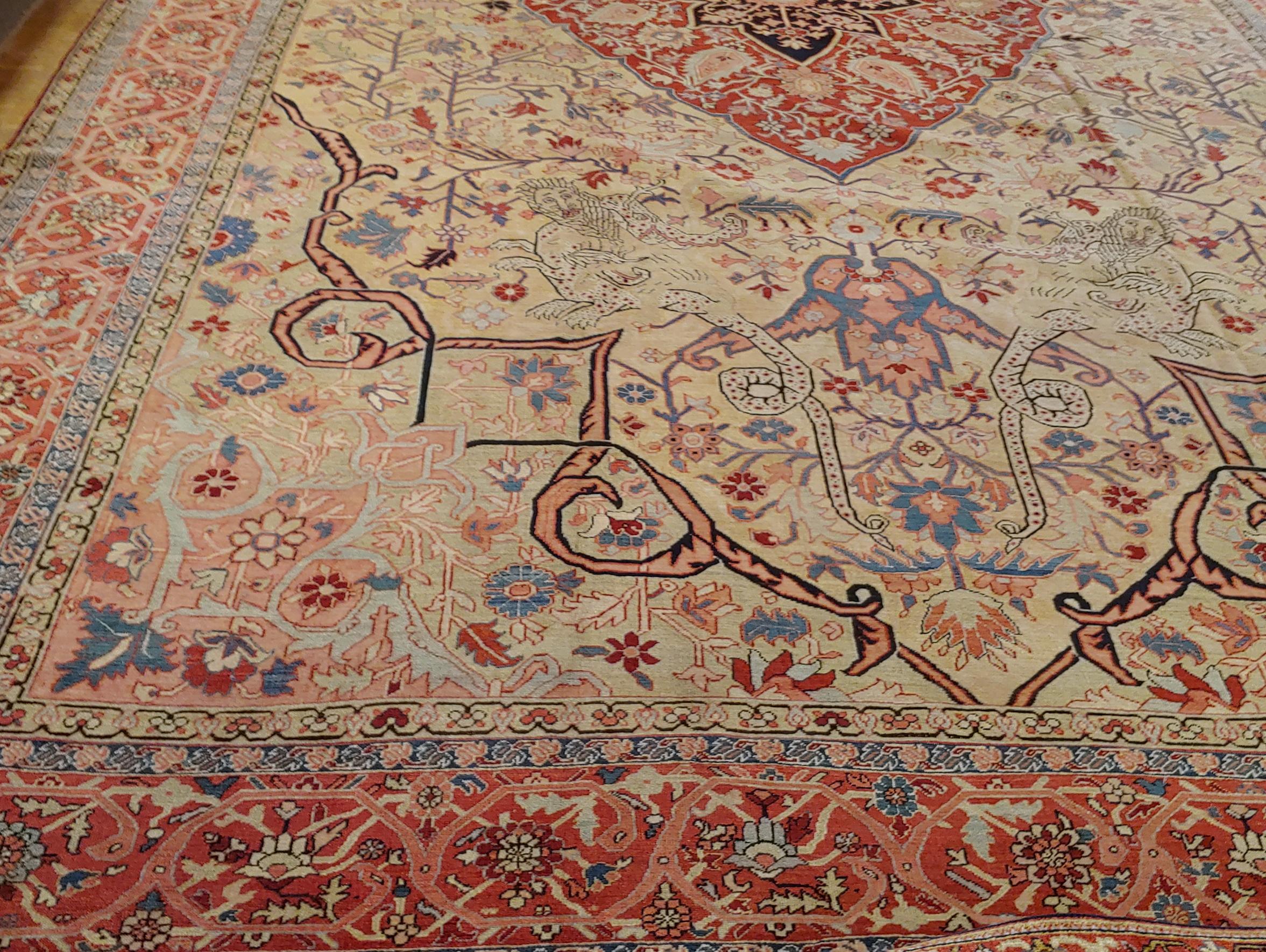 Woven Antique Persian Serapi, Ivory, Rare Mythological Motif, Wool, Oversize 1890 For Sale