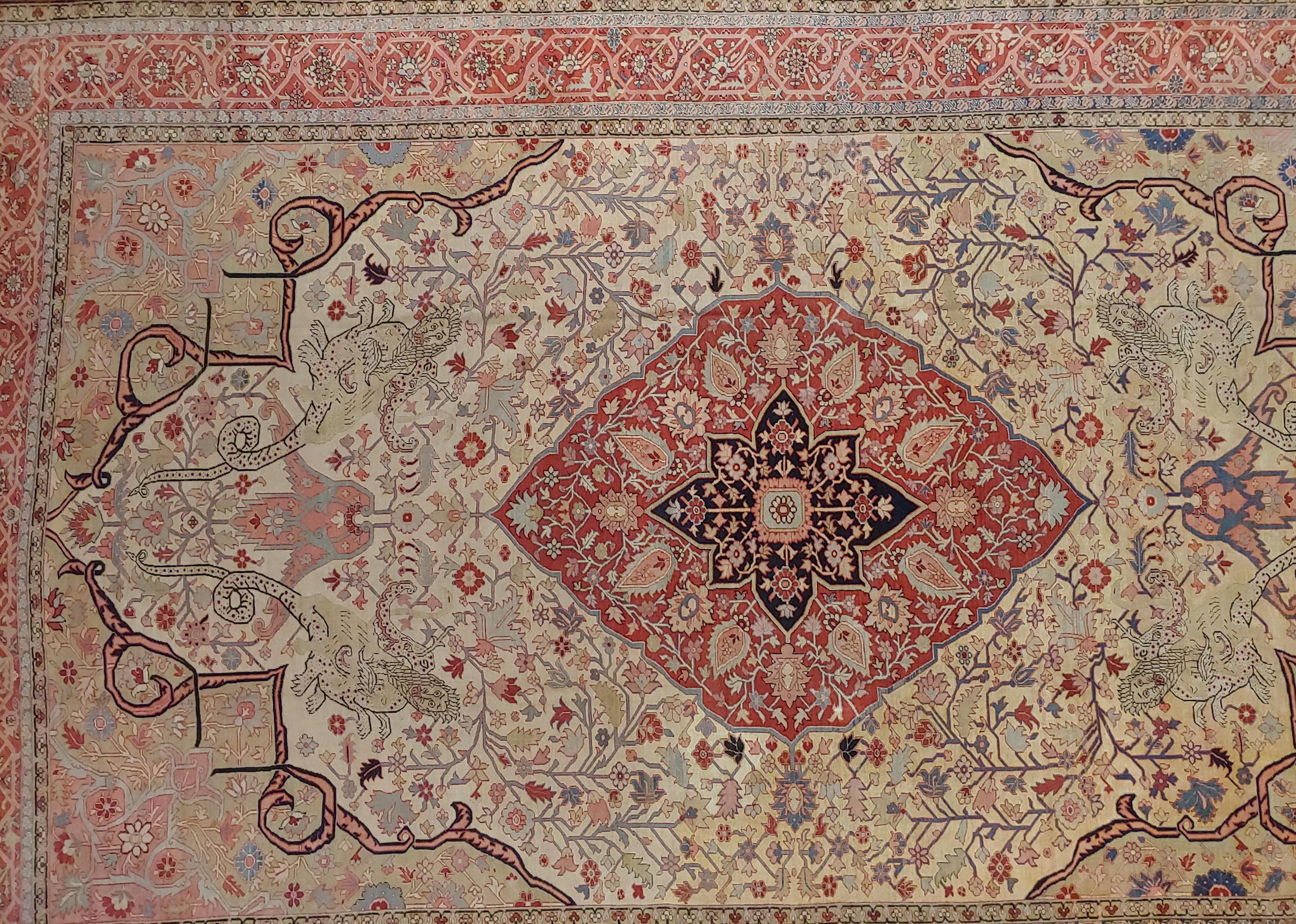 Antique Persian Serapi, Ivory, Rare Mythological Motif, Wool, Oversize 1890 For Sale 1
