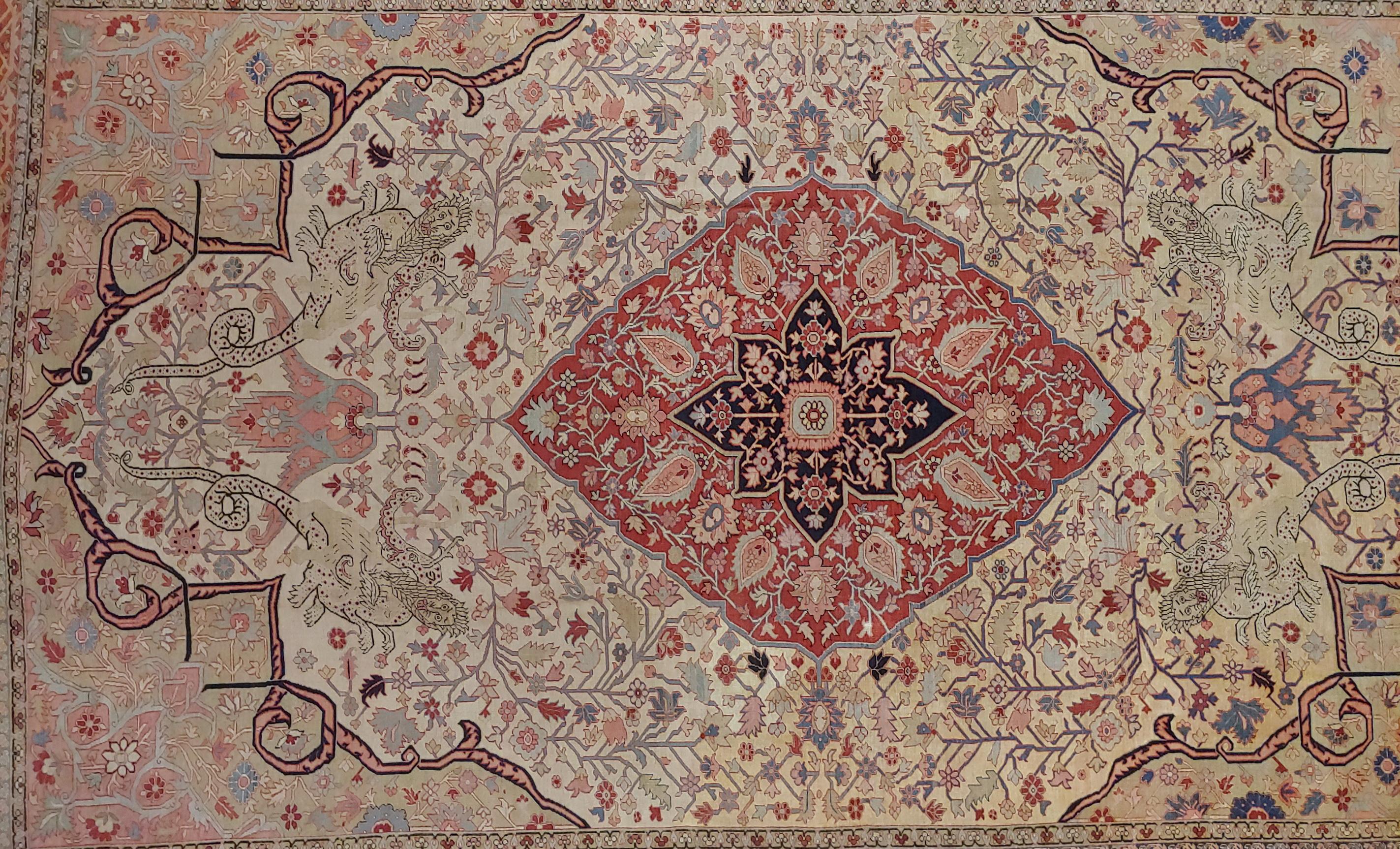 Antique Persian Serapi, Ivory, Rare Mythological Motif, Wool, Oversize 1890 For Sale 2
