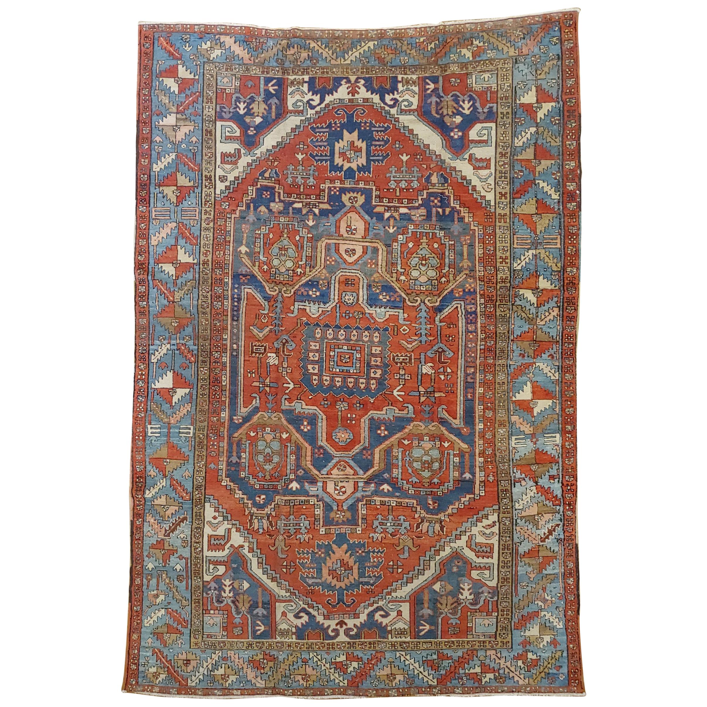 Antique Persian Serapi Old Heriz, Primitive Motif, Wool, Room Size, 1890 For Sale
