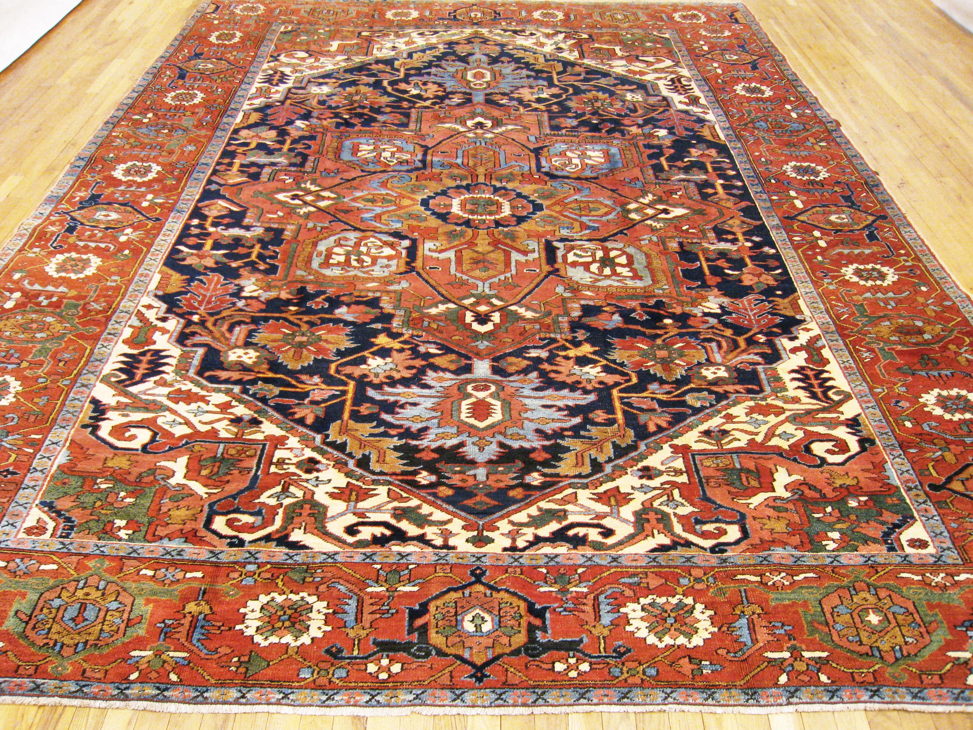 Hand-Knotted Antique Persian Serapi Oriental Carpet, in Room Size, with Central Medallion For Sale