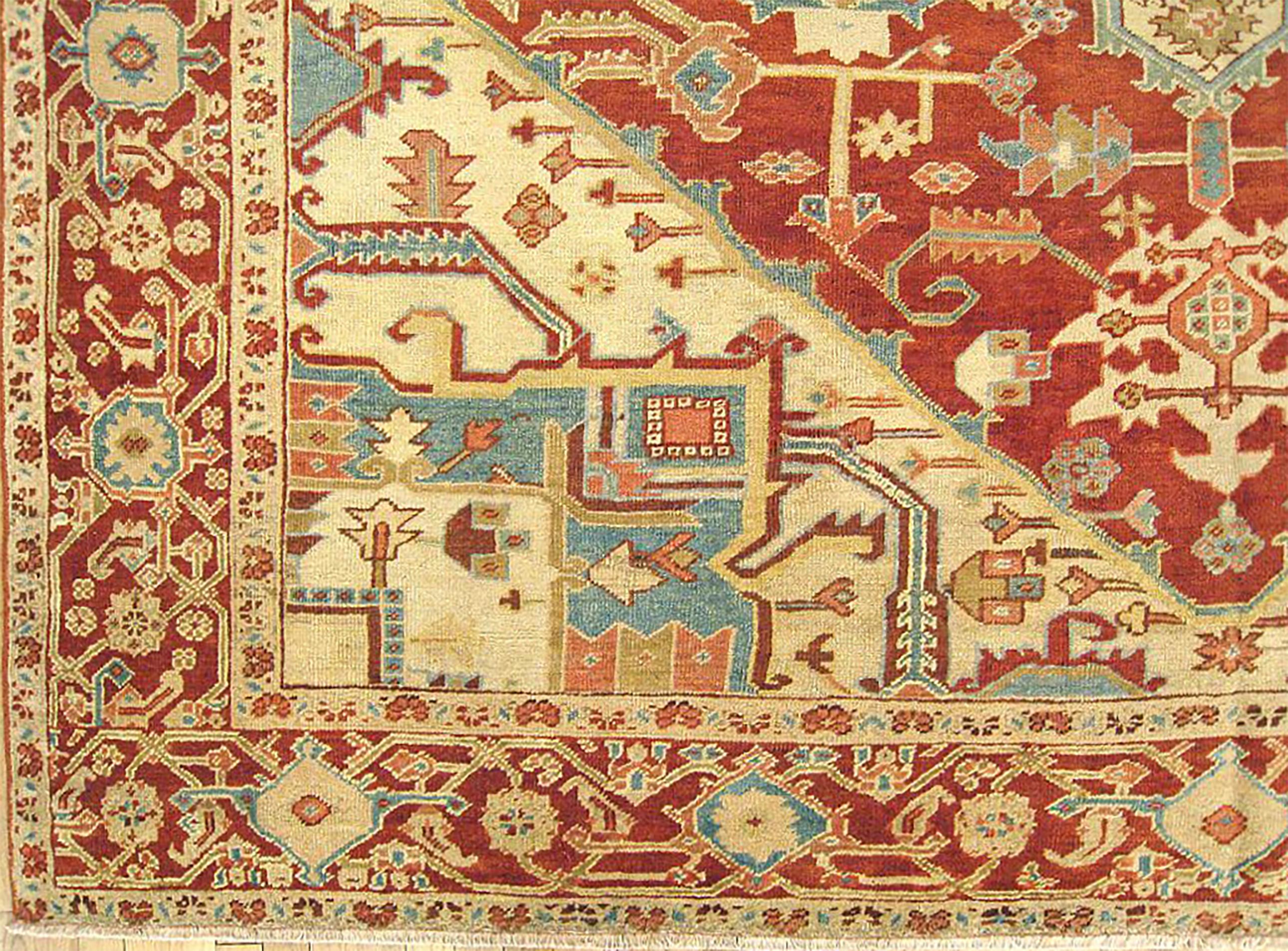 Hand-Knotted Antique Persian Serapi Oriental Carpet, in Room Size, with Central Medallion For Sale