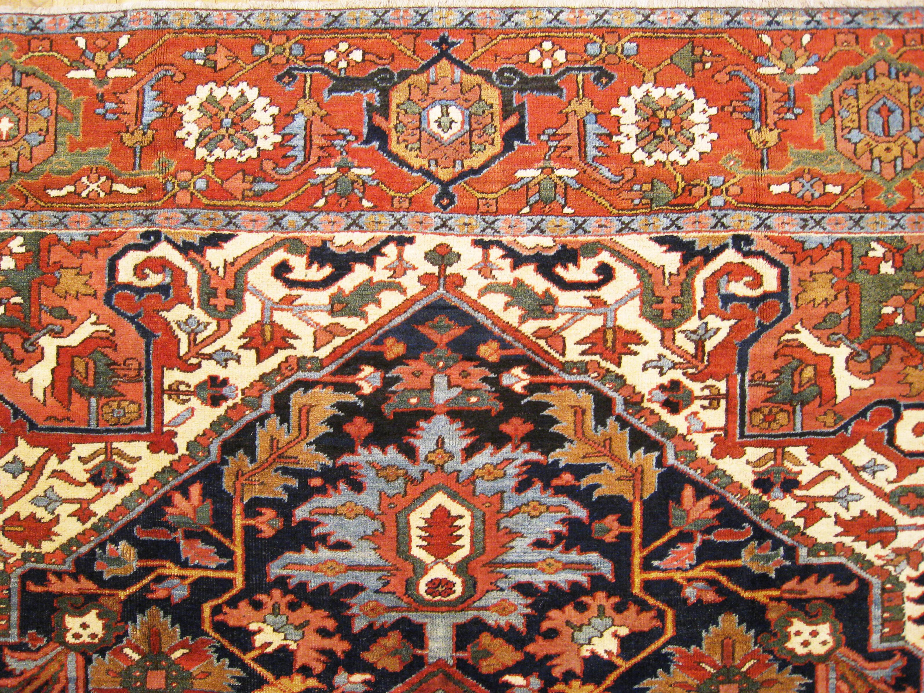 Wool Antique Persian Serapi Oriental Carpet, in Room Size, with Central Medallion For Sale