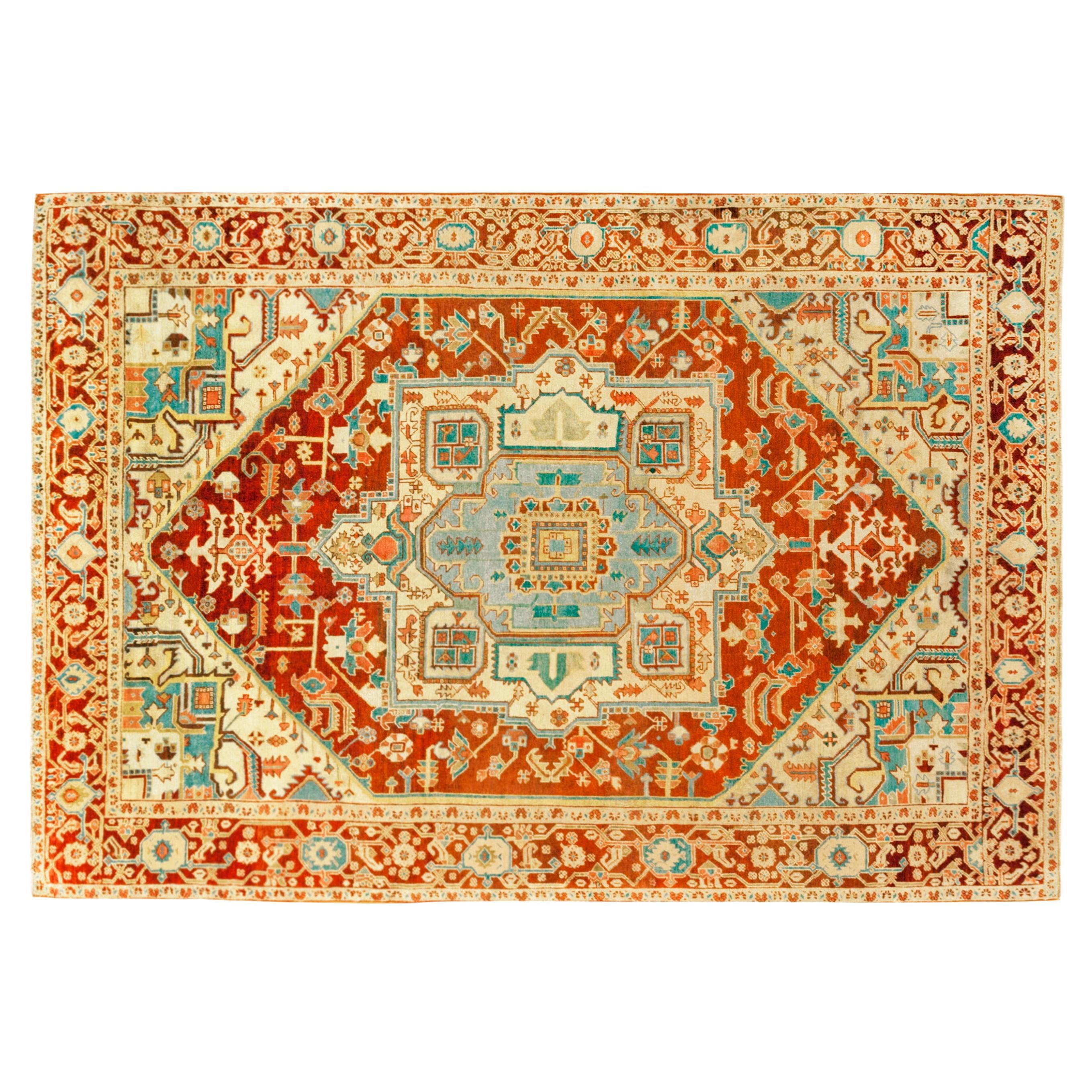 Antique Persian Serapi Oriental Carpet, in Room Size, with Central Medallion For Sale
