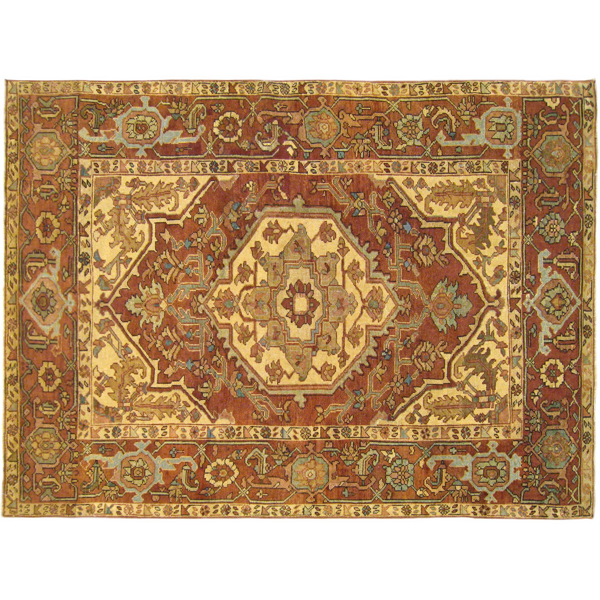 Antique Persian Serapi Oriental Rug, in Small Square Size, with Ivory Medallion For Sale