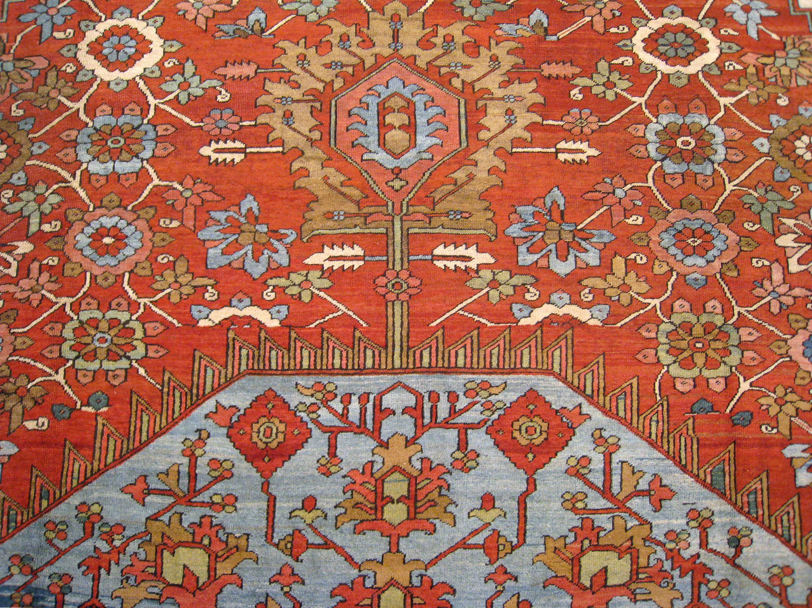 Late 19th Century Antique Persian Serapi Oriental Rug, Mansion Size, Soft Blue Center, circa 1880 For Sale