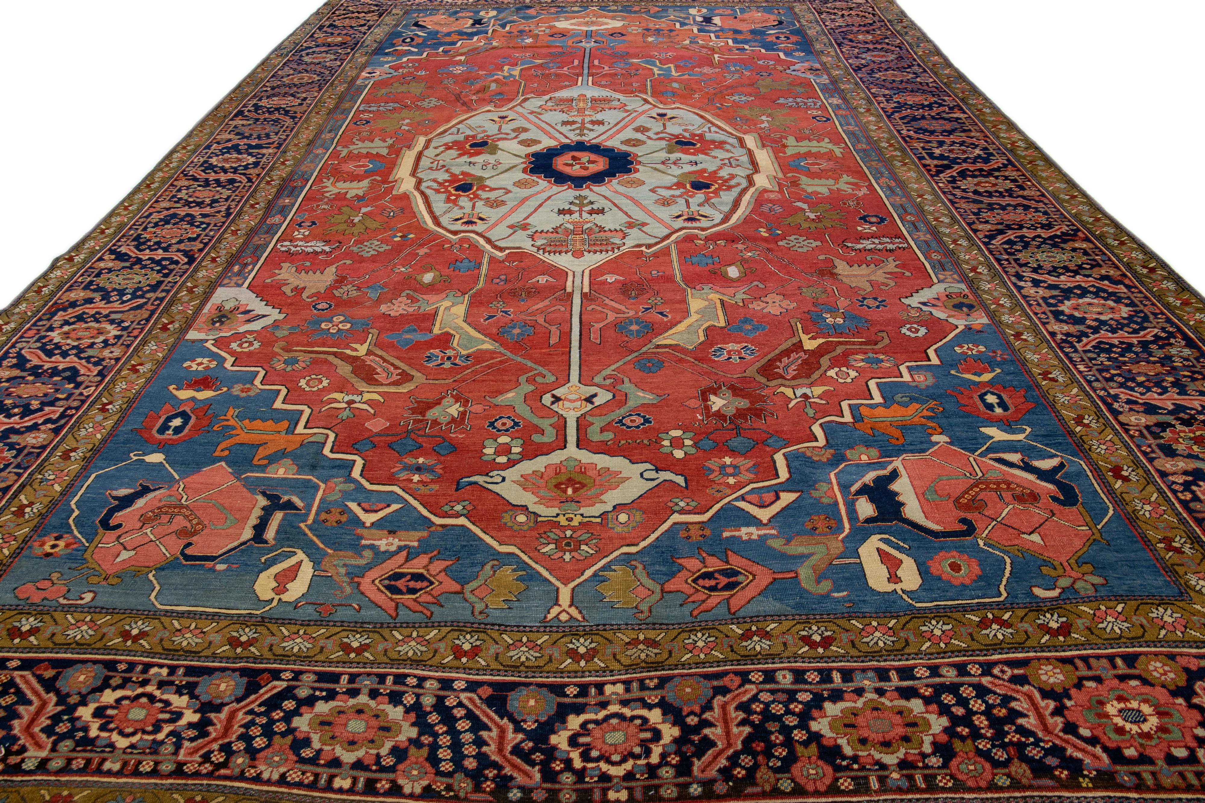 Antiker persischer Serapi-Wollteppich in Rot & Blau mit Medaillon-Motiv, handgefertigt (Heriz Serapi) im Angebot