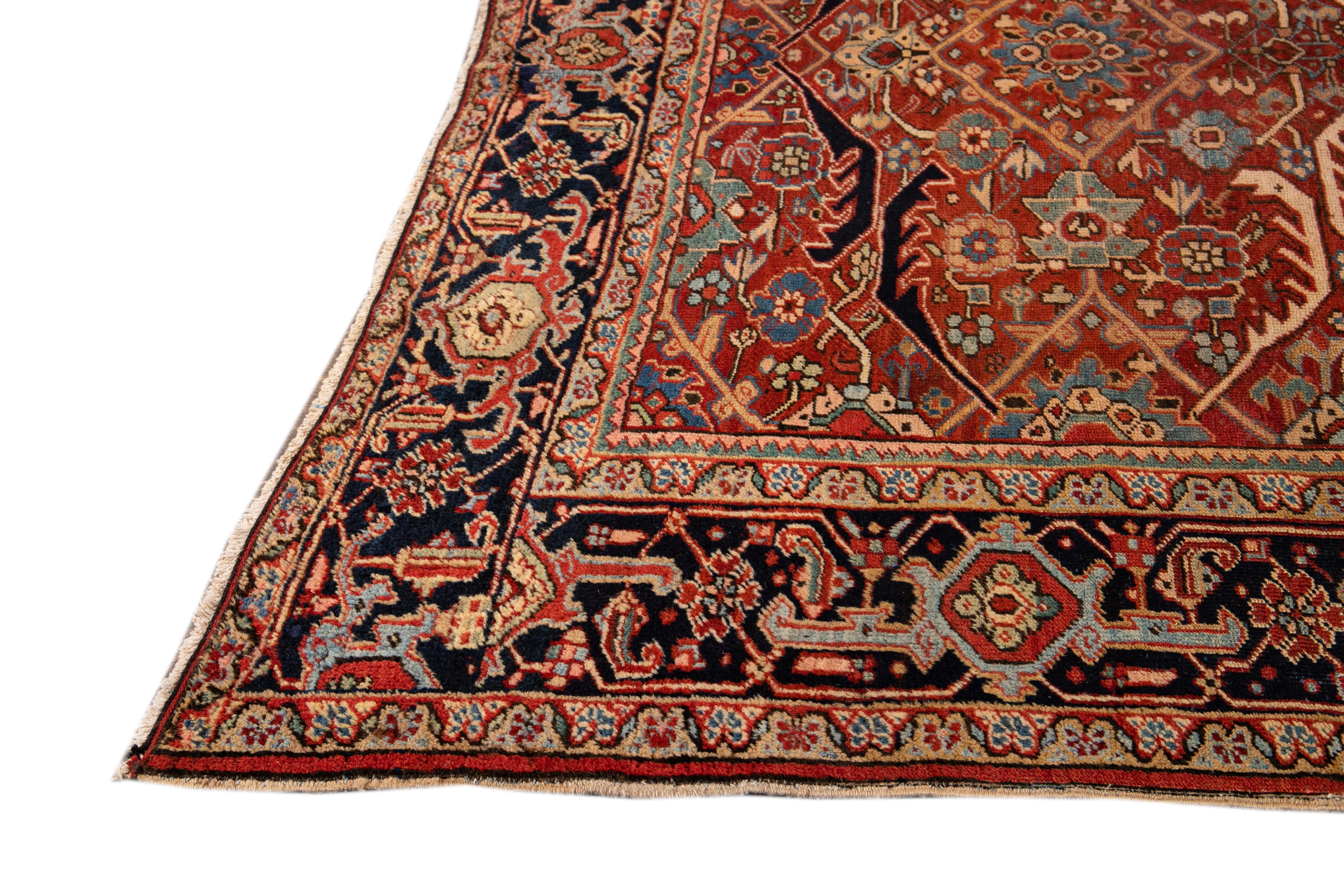 Hand-Knotted Antique Persian Serapi Red Handmade Medallion Floral Wool Rug For Sale
