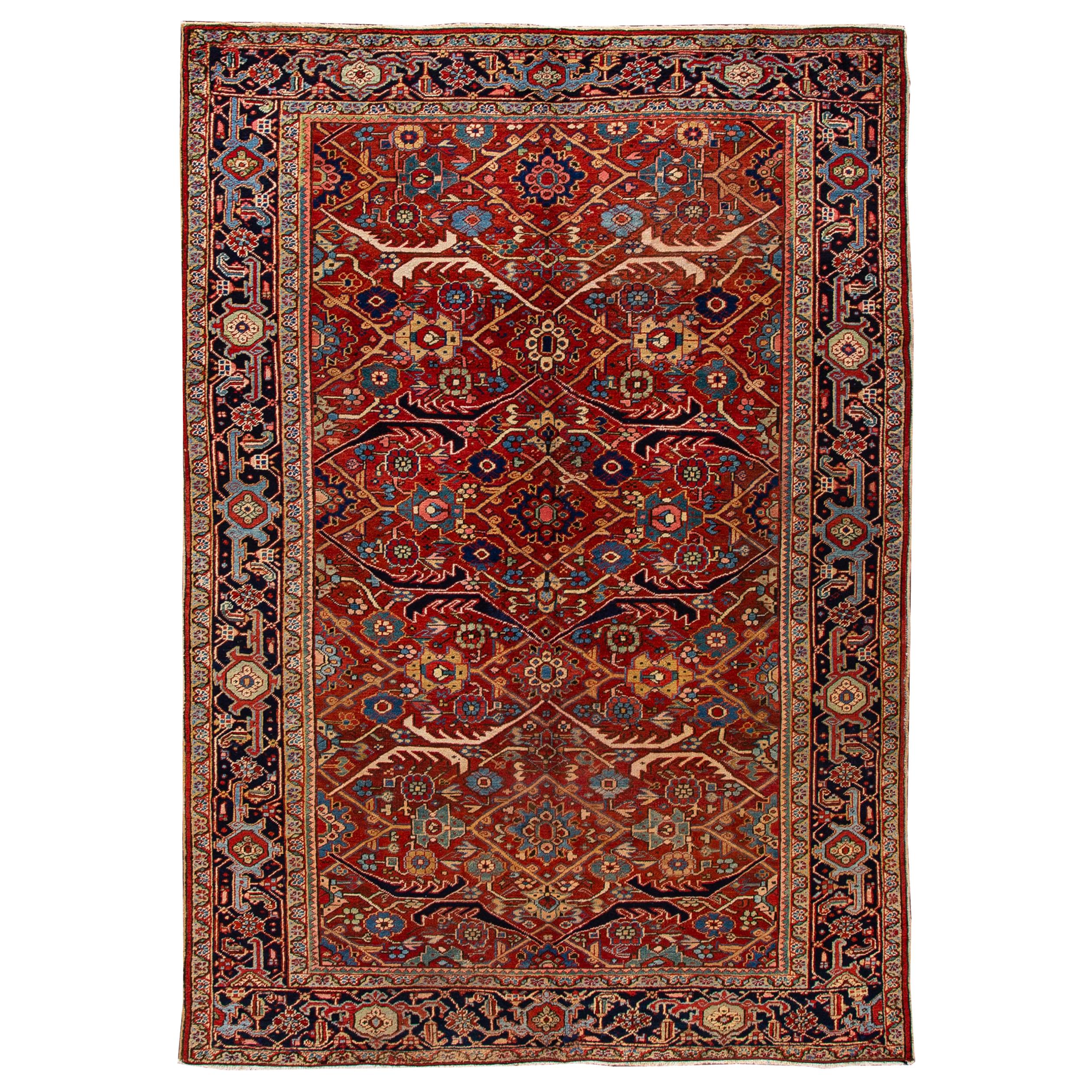 Antique Persian Serapi Red Handmade Medallion Floral Wool Rug For Sale