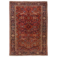 Antique Persian Serapi Red Handmade Medallion Floral Wool Rug