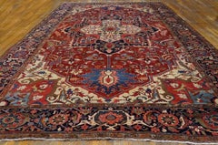 1900s Red Blue Antique Geometric Persian Serapi Carpet 11'8" x 18'10" Wool Rug