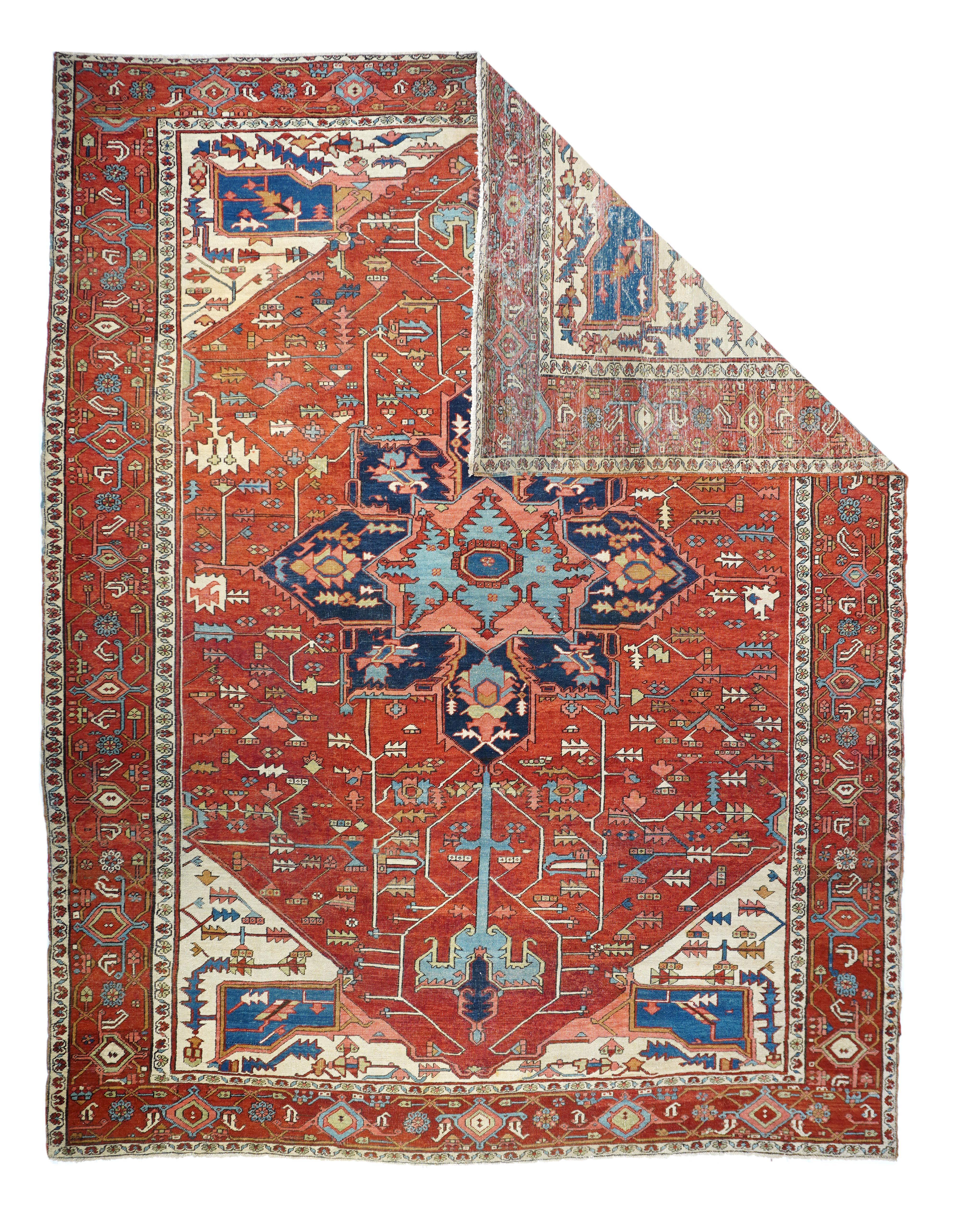 Antiker persischer Serapi-Teppich 9'9'' x 12'8''. Eine höhere Qualität von Heriz-Teppichen, in der Regel in Medaillonform, mit kräftigen Naturfarben und hauptsächlich zwischen 1900 und 1930 gewebt. Rotes Feld, marineblauer Rand ist die beliebteste