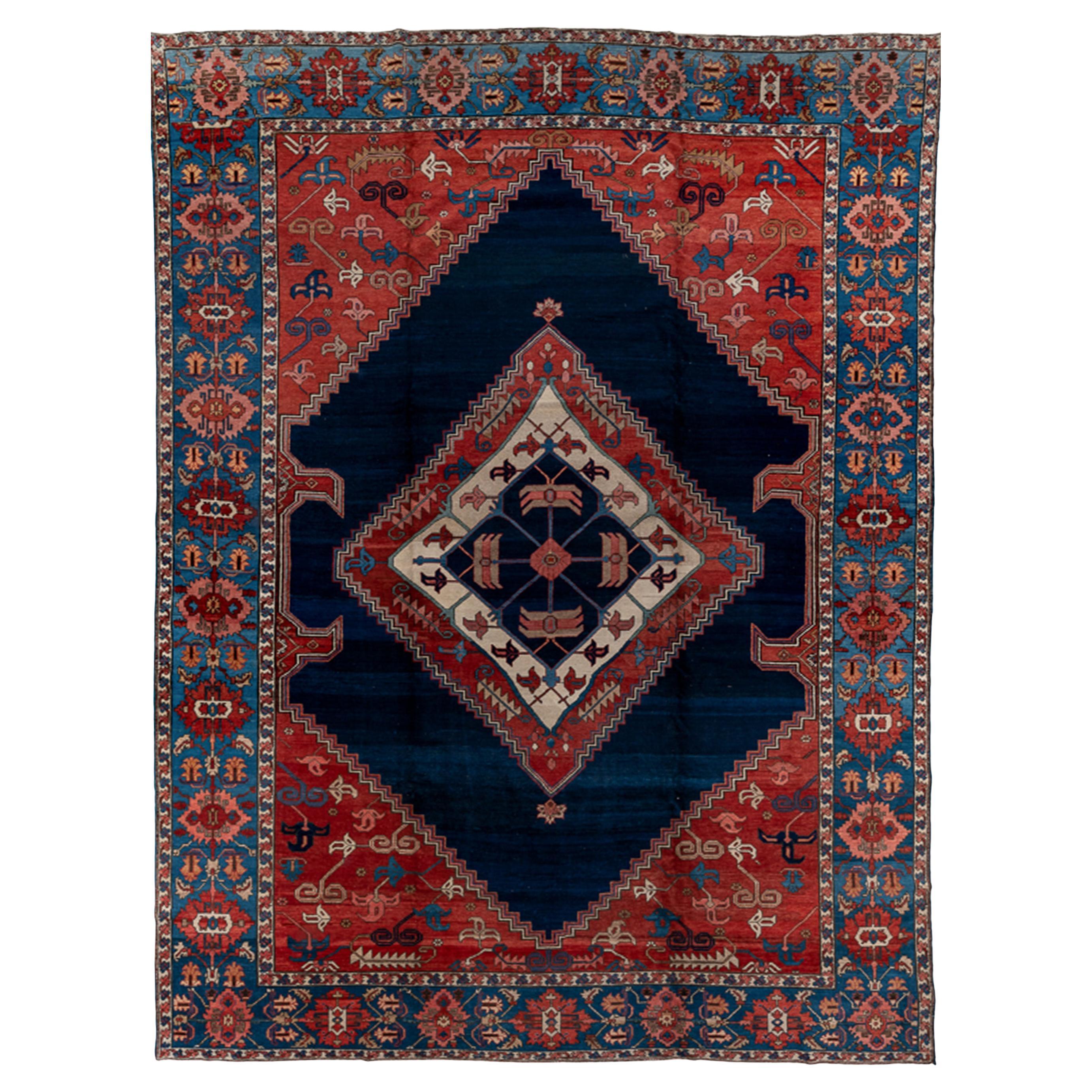Antique Persian Serapi Handwoven Luxury Navy/Rust Rug, 11'-10" X 15'-2" Size For Sale
