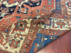 Antique Persian Serapi Rug, early Heriz, Wool, 1890 Rust, Navy light blue 12x16