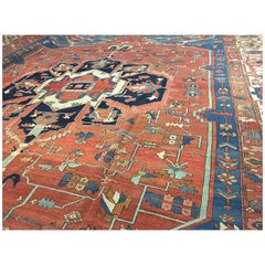 Antique Persian Serapi Rug, early Heriz, Wool, 1890 Rust, Navy light blue 12x16