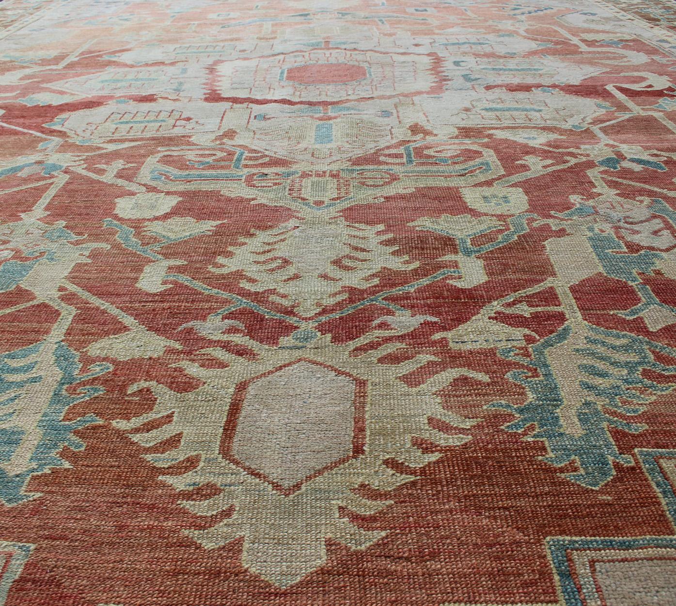 Antique Persian Large Serapi Rug in Soft Red, Taupe, Light Teal and Blue For Sale 4