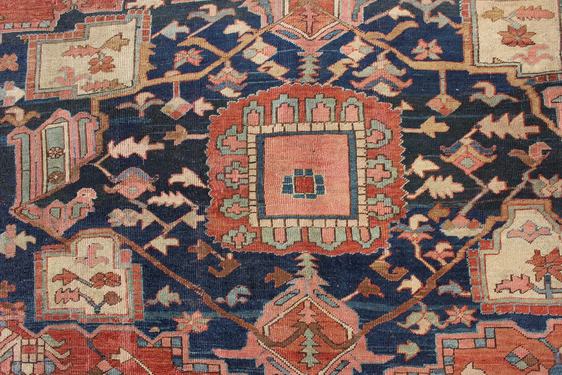 Antique Persian Serapi Rug With Medallion in Rusty-Orange, Blue and Cream's  For Sale 3