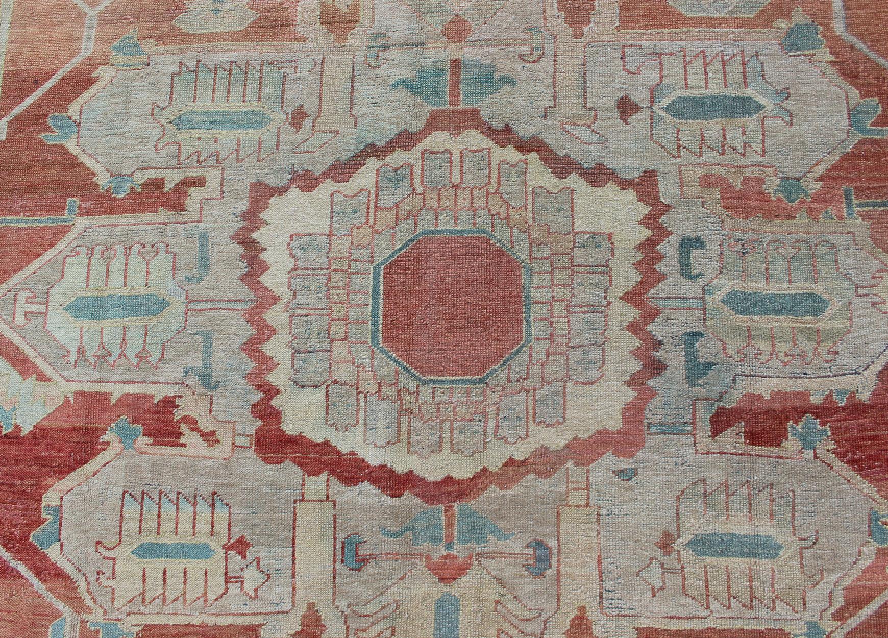 Antique Persian Large Serapi Rug in Soft Red, Taupe, Light Teal and Blue For Sale 5