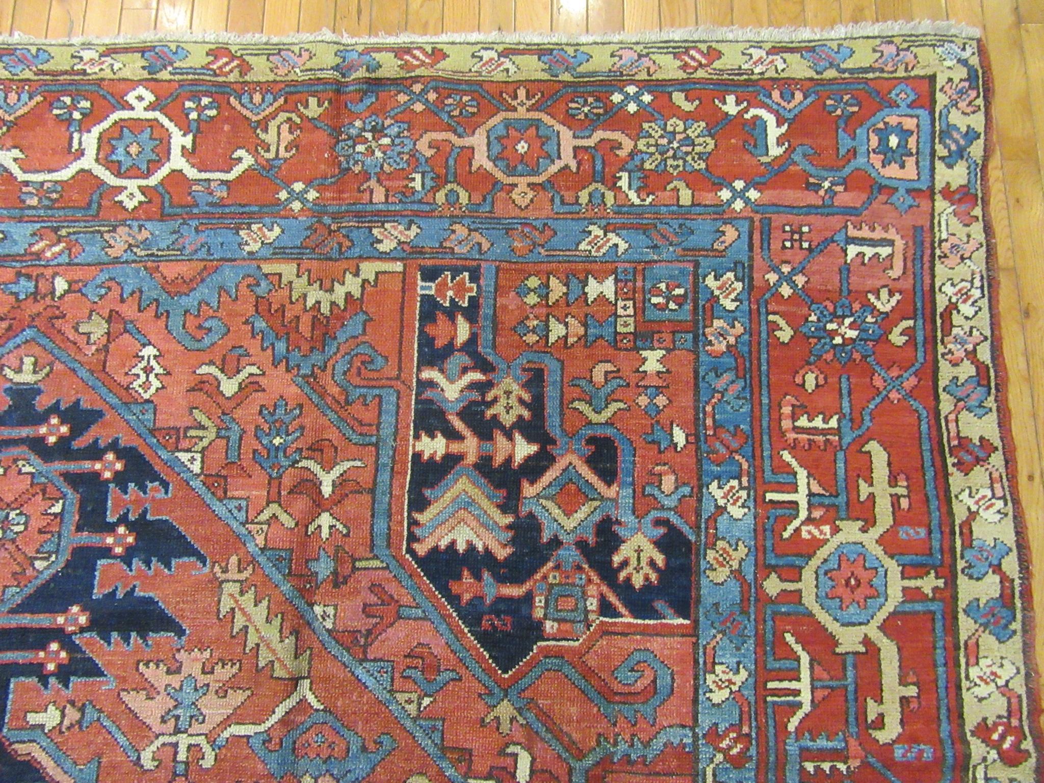 Antique Room Size Hand Knotted Wool Persian Serapi Rug For Sale 6
