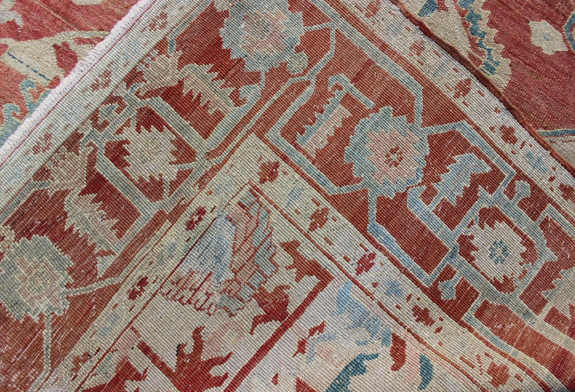 Antique Persian Large Serapi Rug in Soft Red, Taupe, Light Teal and Blue For Sale 6