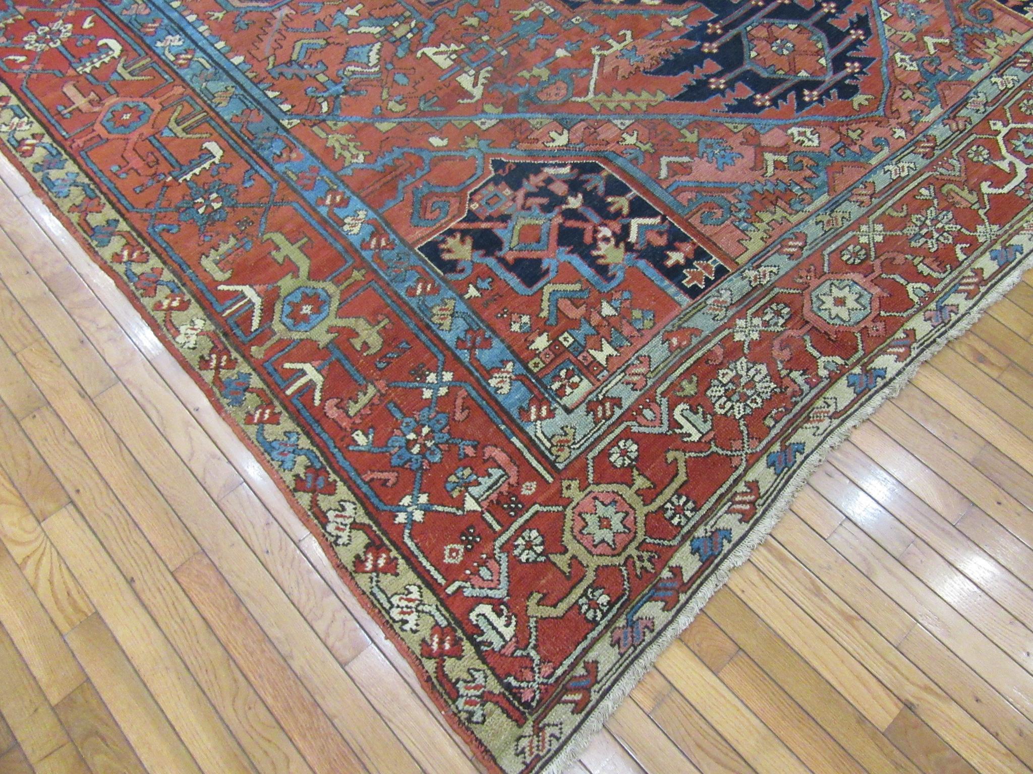 Antique Room Size Hand Knotted Wool Persian Serapi Rug For Sale 9