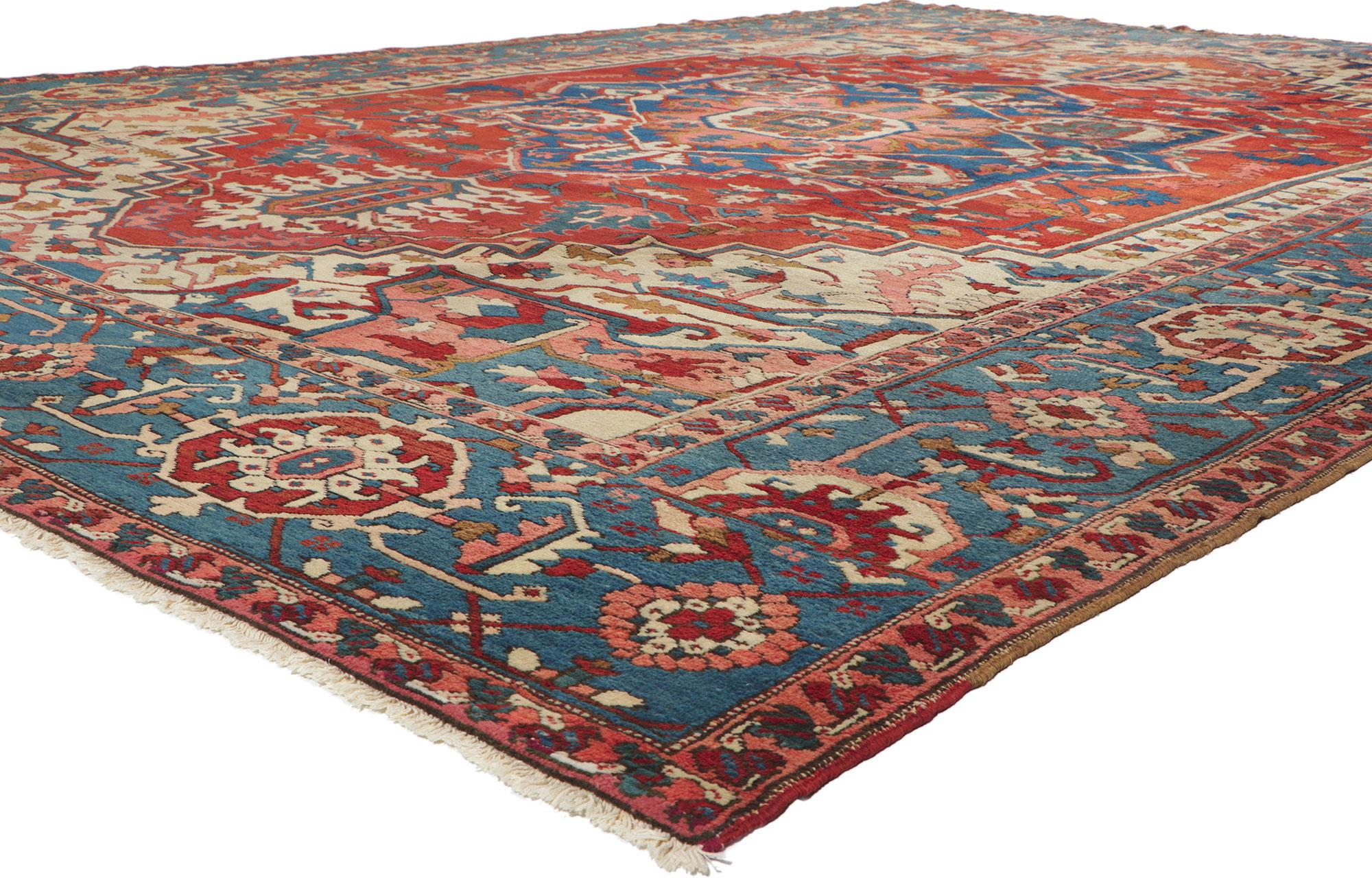 78331 Antique Persian Serapi rug, 11'03 x 15'04. With its effortless beauty and timeless appeal, this hand knotted wool antique Persian rug can beautifully blend modern, contemporary, and traditional interiors. A large-scale octagonal medallion