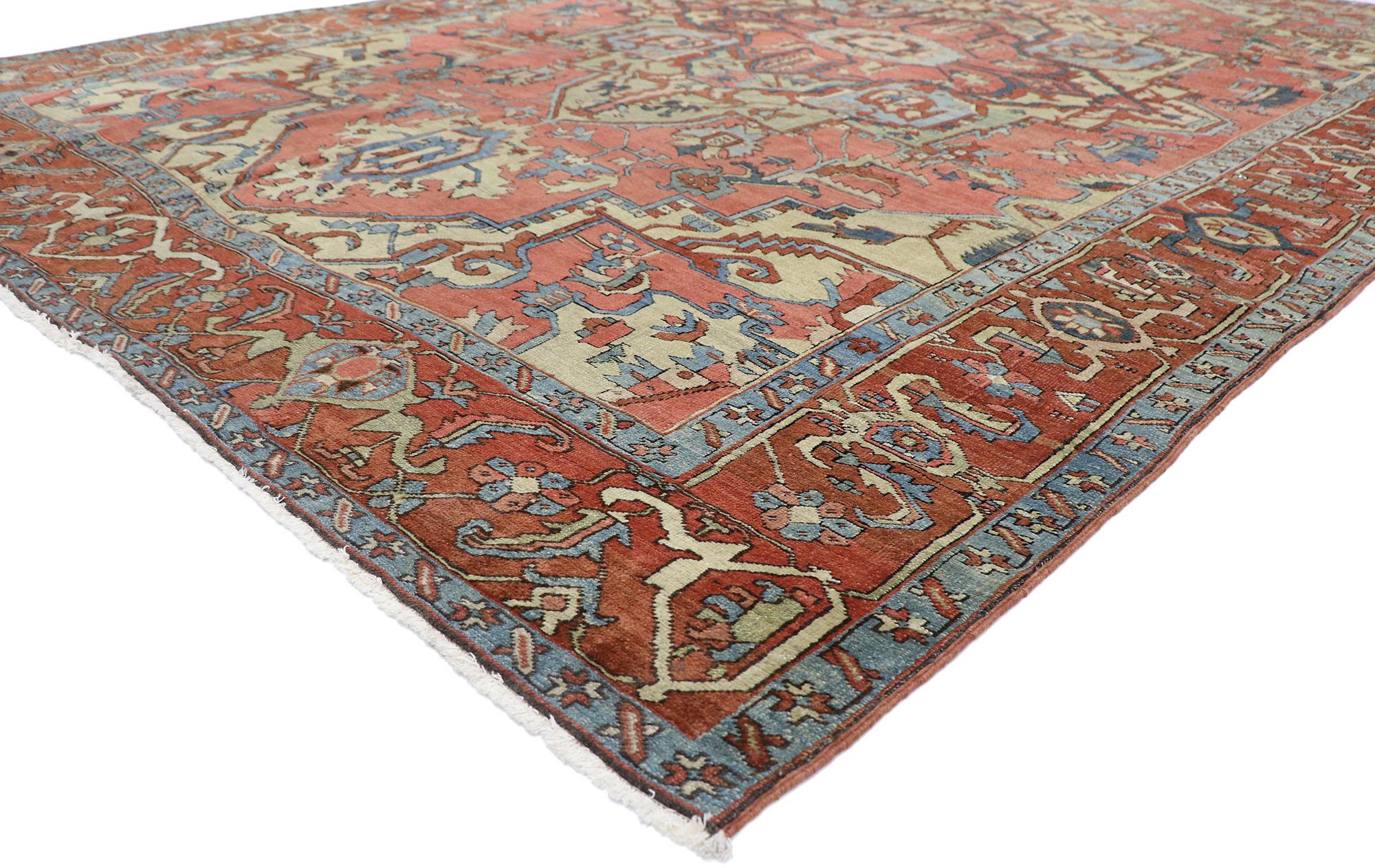77539 Distressed Antique Persian Serapi rug with relaxed Federal Style 08'08 x 12'03. Emanating exquisite grace and architectural design elements with a lovingly time-worn composition, this hand knotted wool antique Persian Serapi rug can