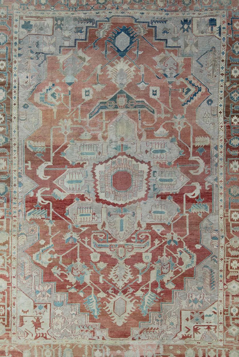 Hand-Knotted Antique Persian Large Serapi Rug in Soft Red, Taupe, Light Teal and Blue For Sale