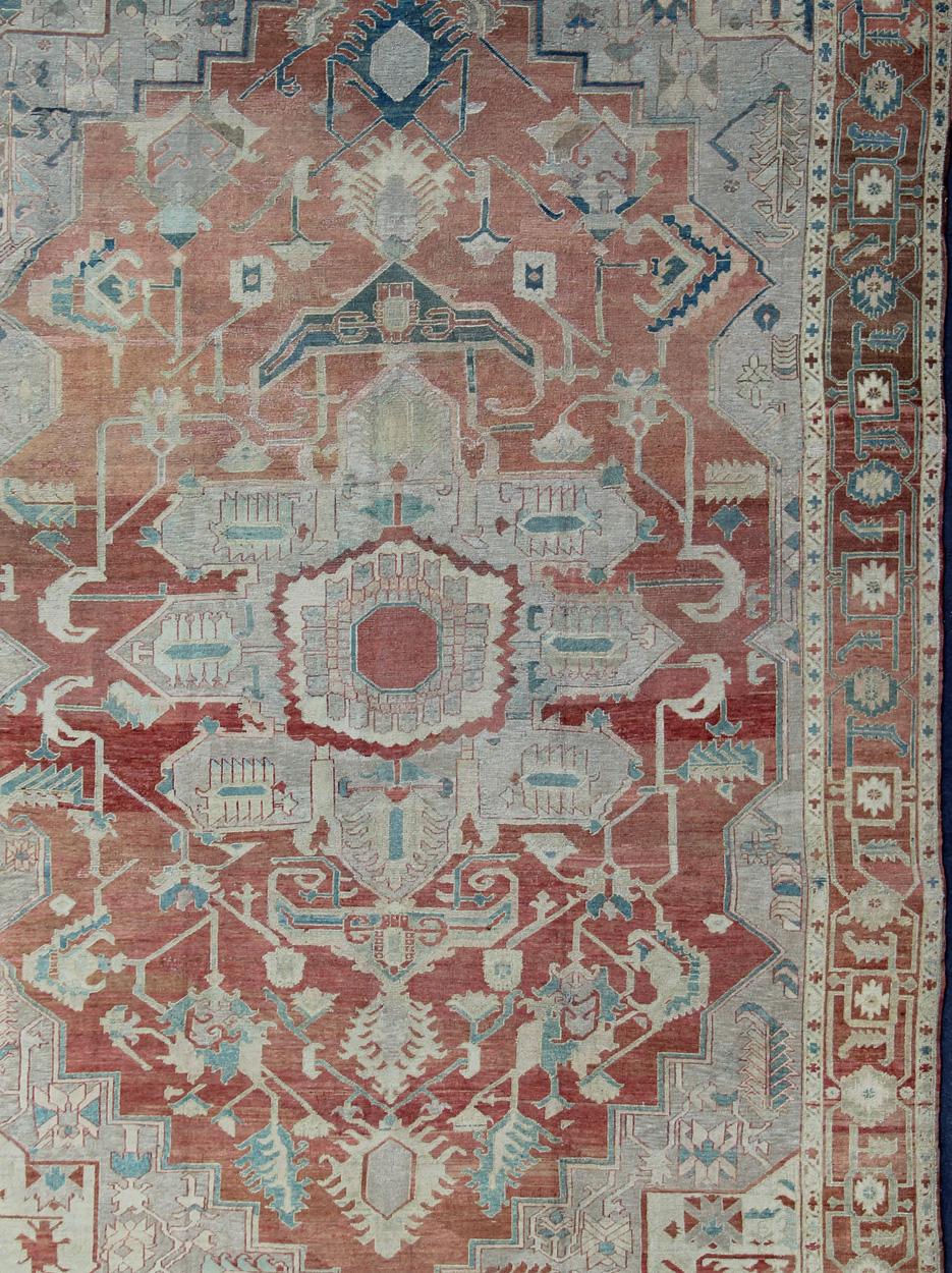 Antique Persian Large Serapi Rug in Soft Red, Taupe, Light Teal and Blue In Good Condition For Sale In Atlanta, GA