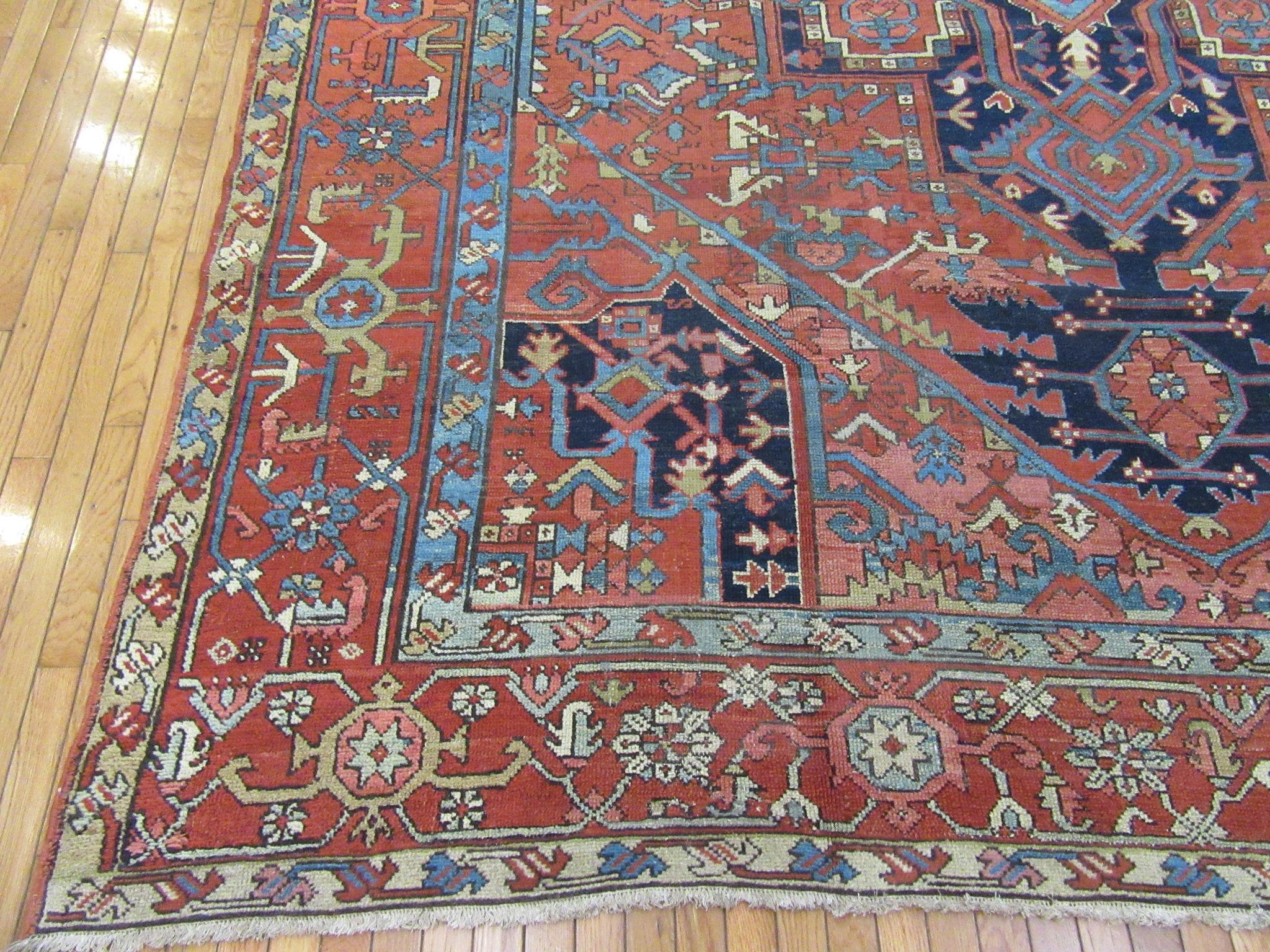 Antique Room Size Hand Knotted Wool Persian Serapi Rug For Sale 1