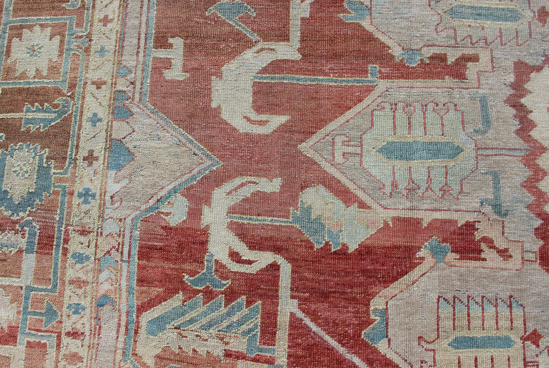 Antique Persian Large Serapi Rug in Soft Red, Taupe, Light Teal and Blue For Sale 1