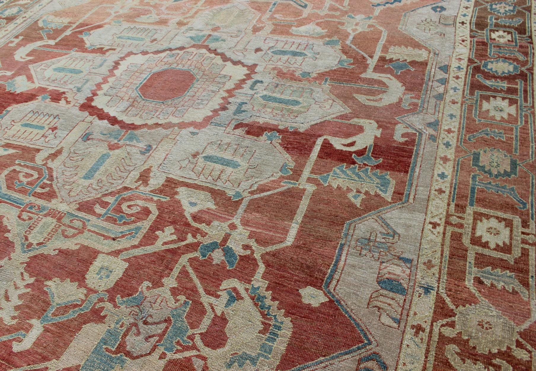 Antique Persian Large Serapi Rug in Soft Red, Taupe, Light Teal and Blue For Sale 2