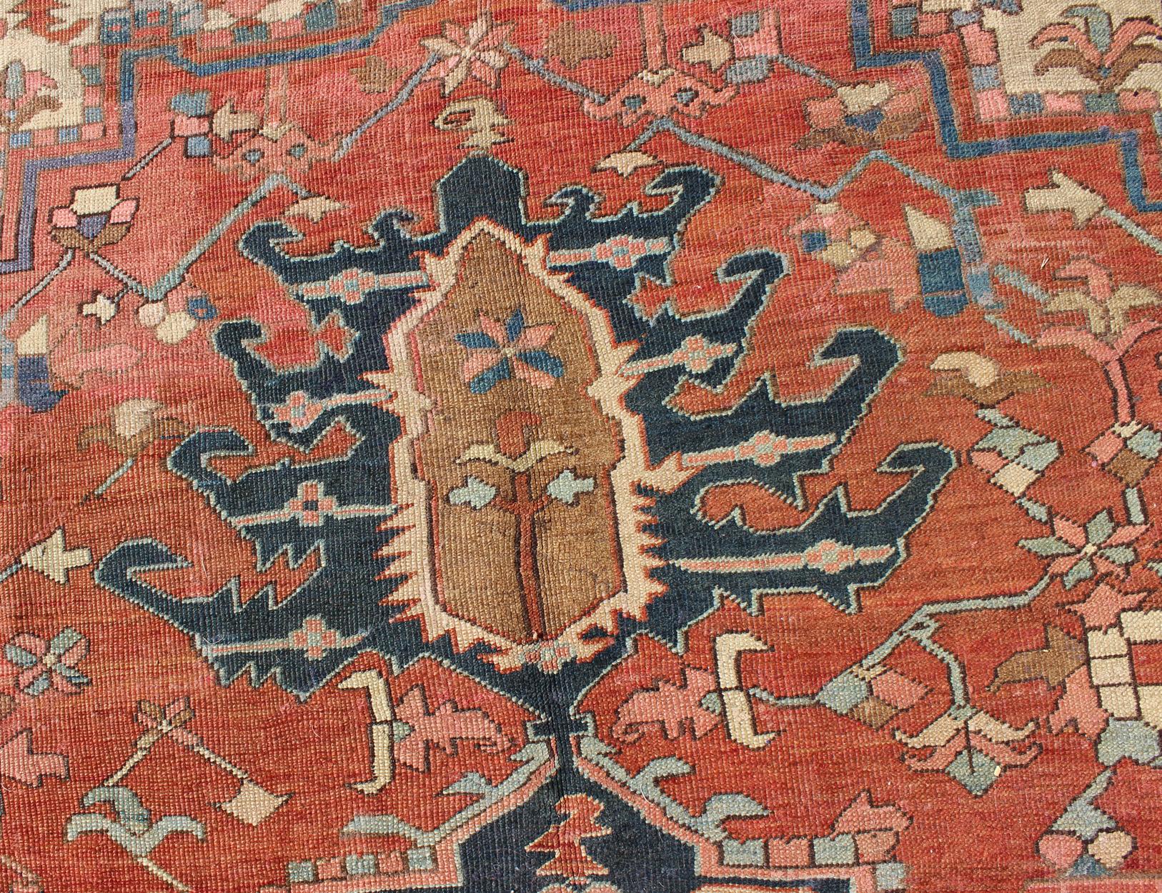 Antique Persian Serapi Rug With Medallion in Rusty-Orange, Blue and Cream's  For Sale 1