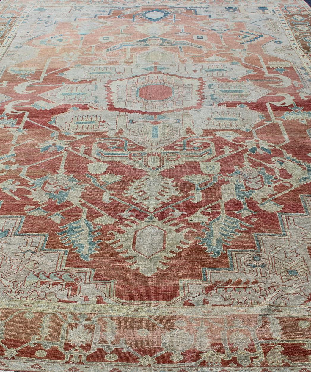 Antique Persian Large Serapi Rug in Soft Red, Taupe, Light Teal and Blue For Sale 3