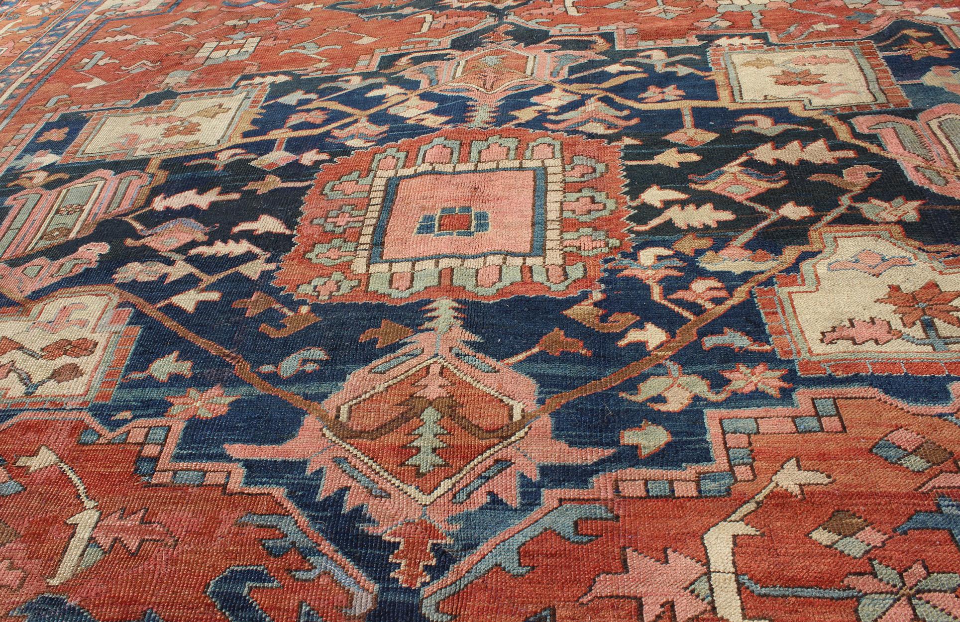 Antique Persian Serapi Rug With Medallion in Rusty-Orange, Blue and Cream's  For Sale 2