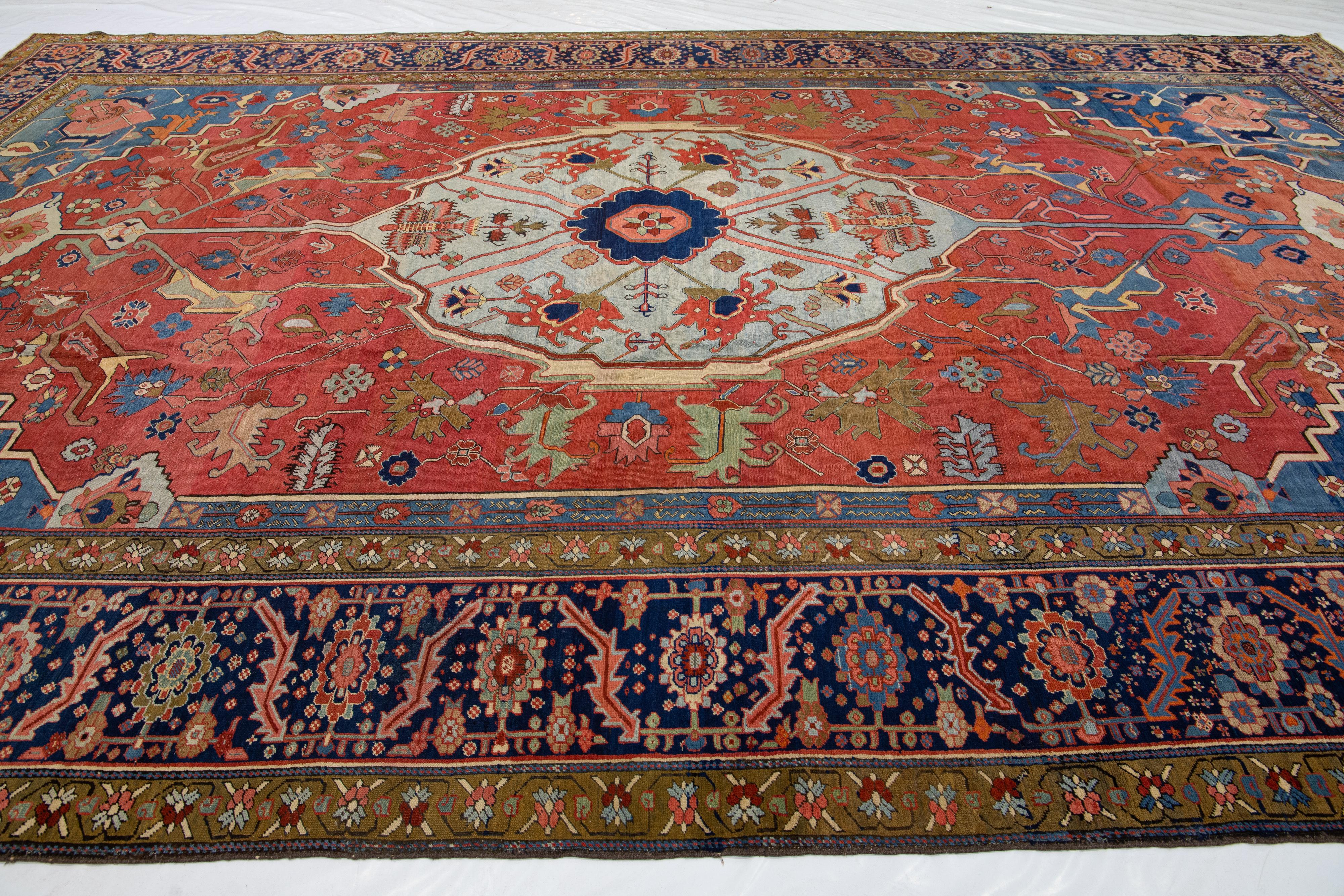 Antiker roter handgeknüpfter Serapi-Wollteppich aus Serapi im Angebot 10