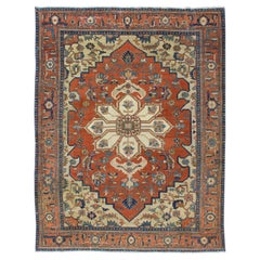 Antique Persian Serapi Rug in Geometric Medallion Design with Orange & Blue