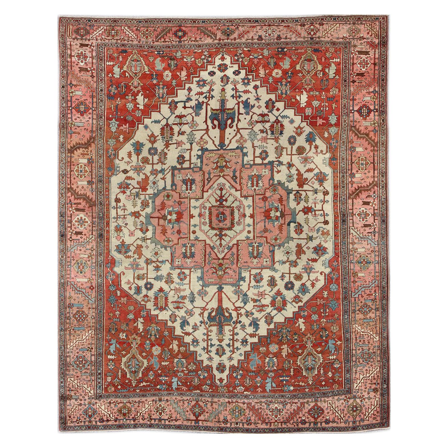 Antique Persian Serapi Rug in Squared Shape with  Ivory, Salmon, Brick Red