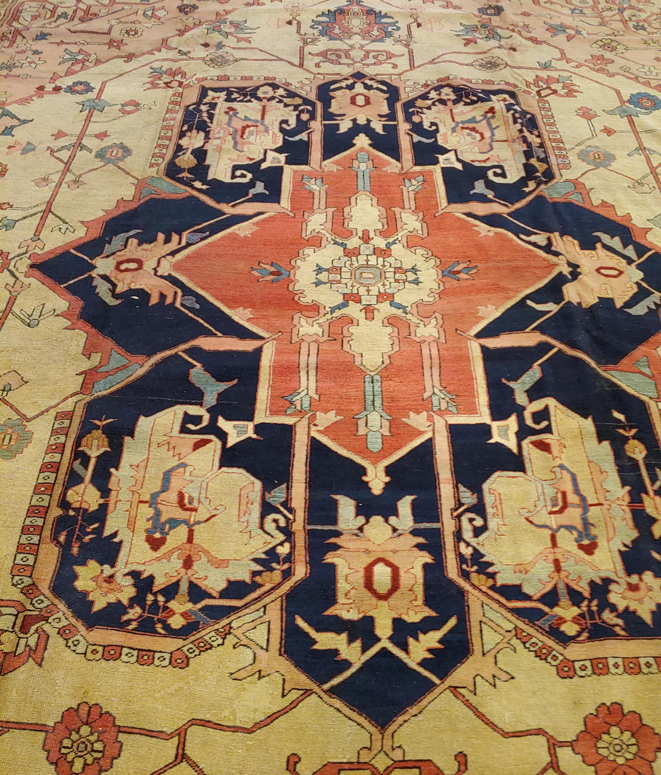 Woven Antique Persian Serapi Rug, Very Old Heriz, Ivory Field, Wool For Sale